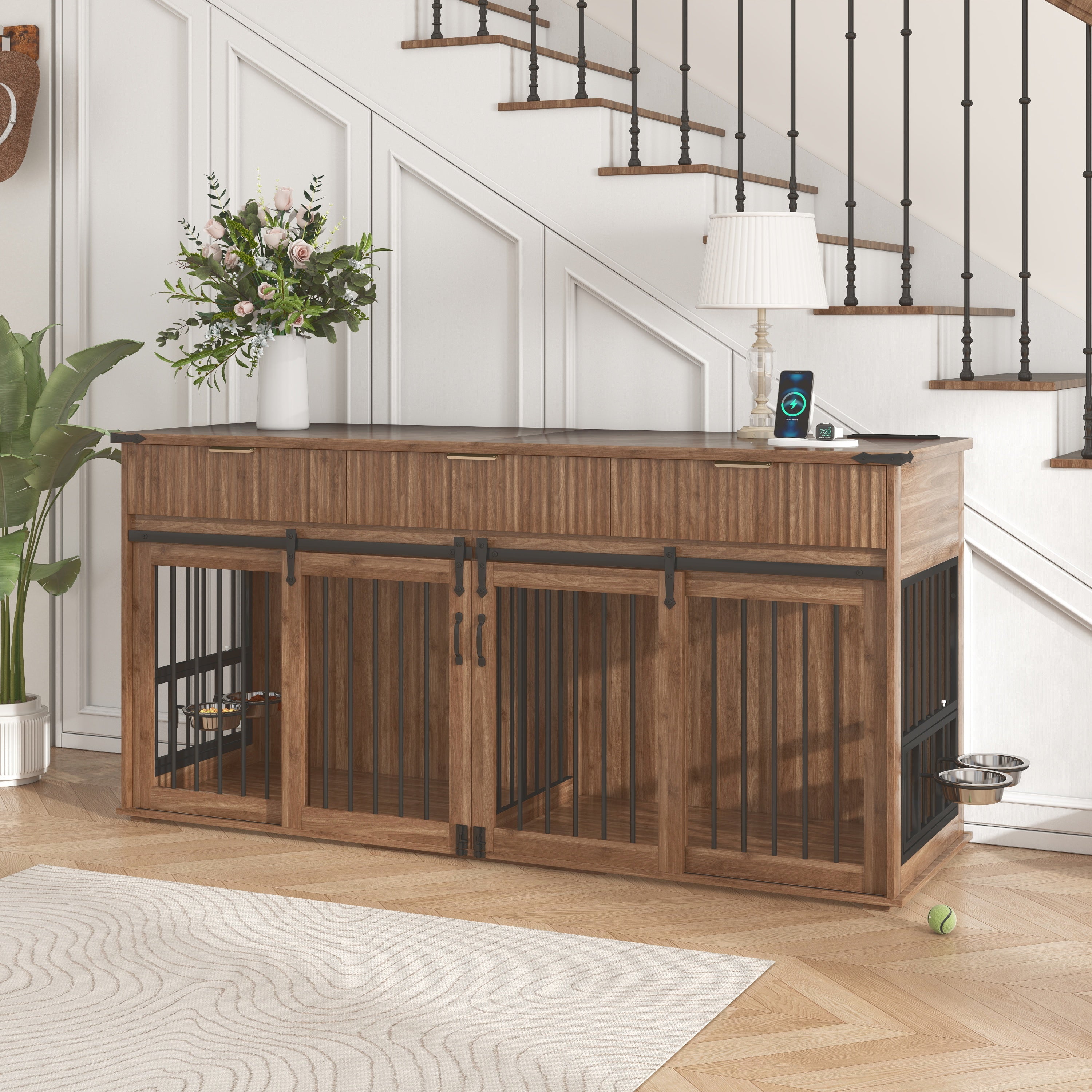 71" Double Dog Crate Furniture with Fluted Drawers, Feeders & Power Station