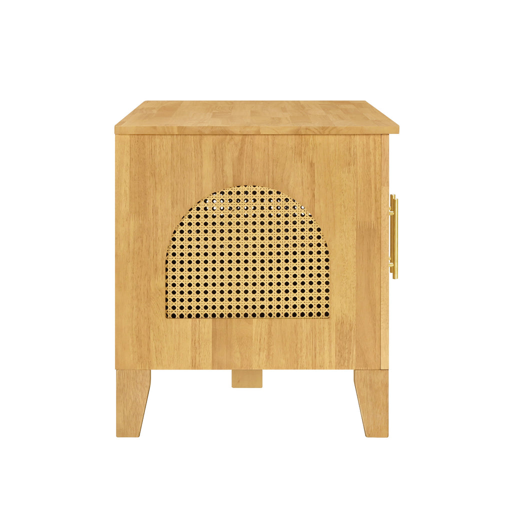Wooden side table with a decorative cutout design on a white background