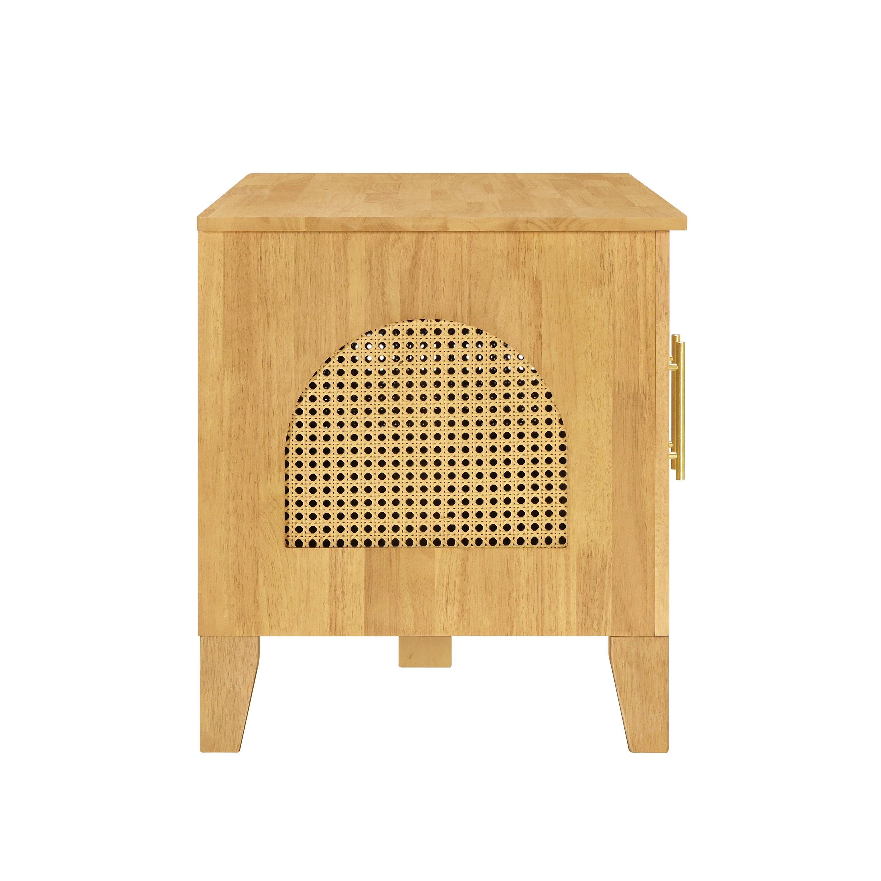 Wooden side table with a decorative cutout design on a white background