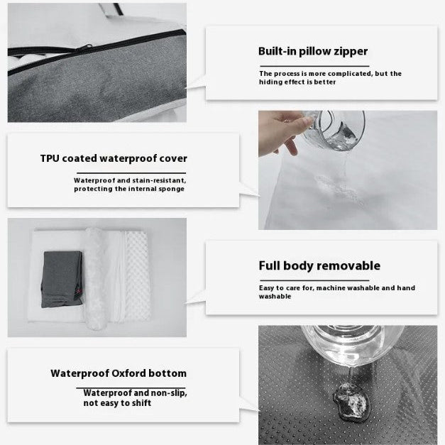 Product features including a built-in pillow zipper, TPU-coated waterproof cover, full body removable design, and waterproof Oxford bottom.