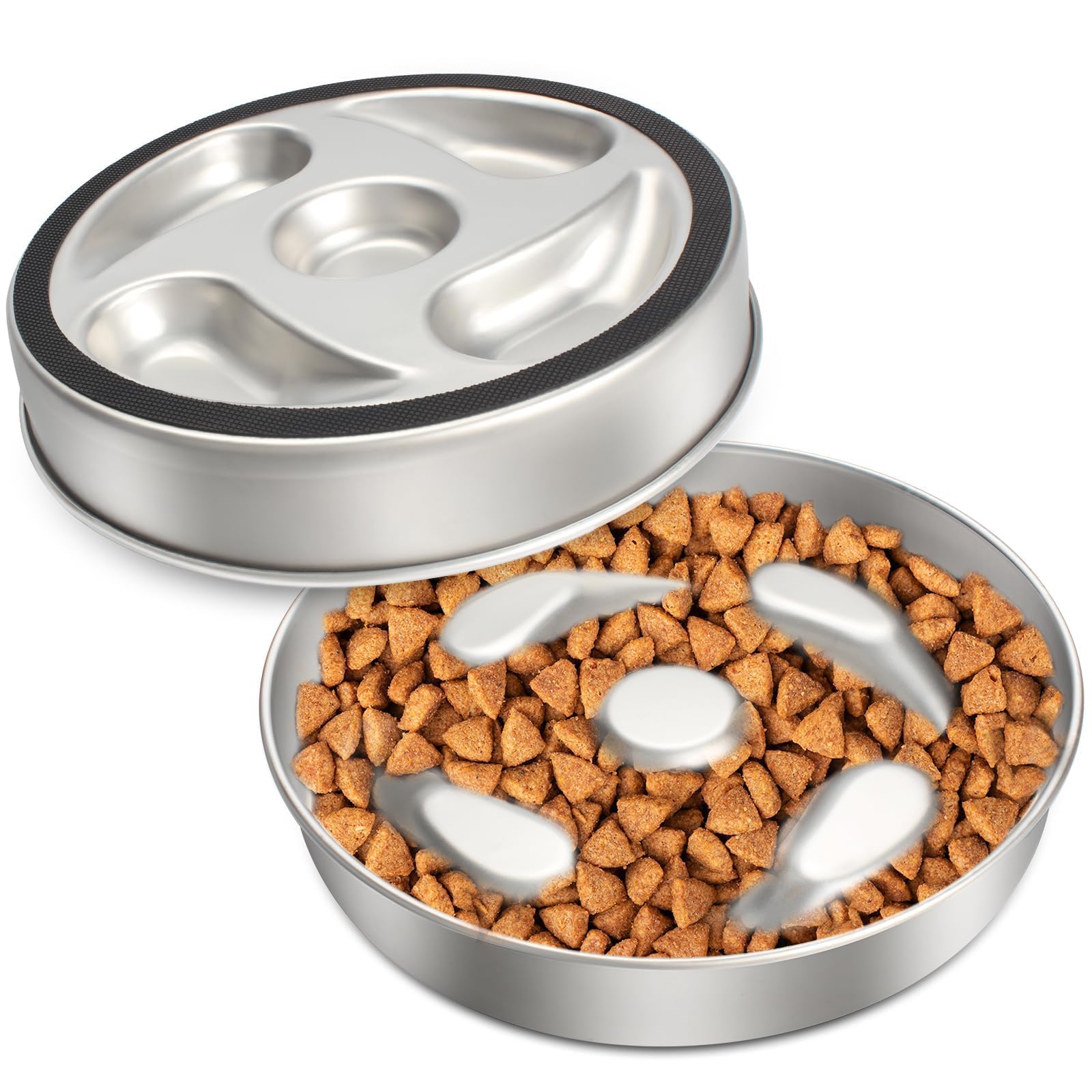 Stainless steel pet feeder with kibble inside on a white background