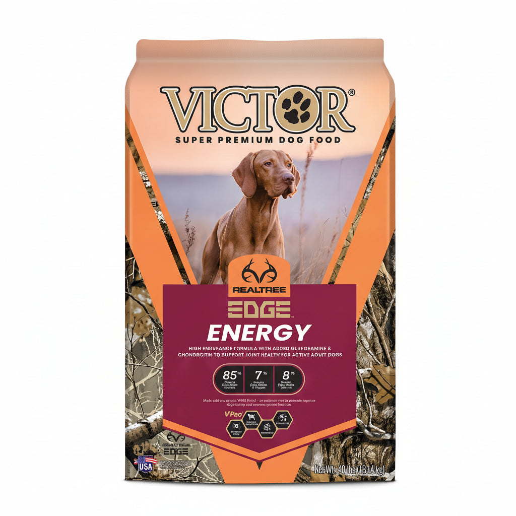 Victor Super Premium Dog Food package with a dog on a camouflage background