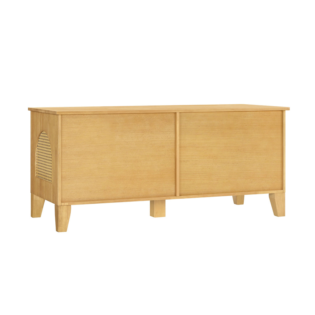 Wooden sideboard with a slatted design on a white background