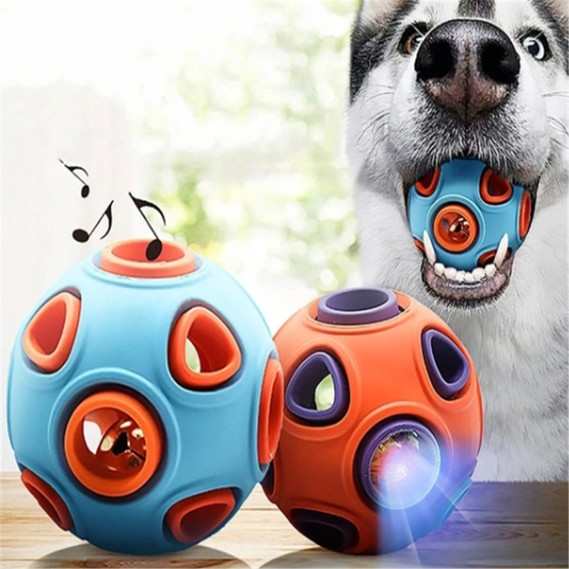 Two colorful dog toys with a dog holding one in its mouth.