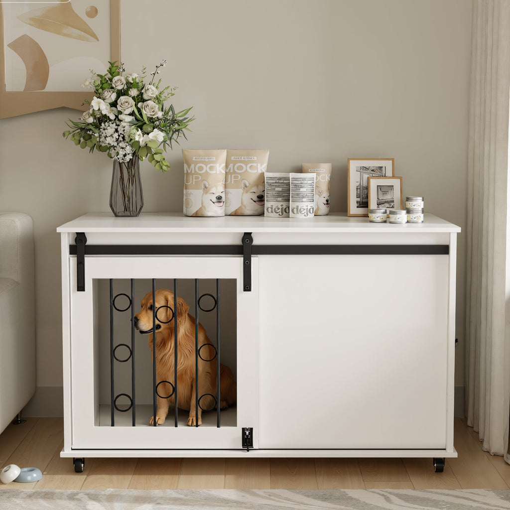 Modern Wooden Dog Crate Furniture with Sliding Barn Door – Indoor Pet Kennel
