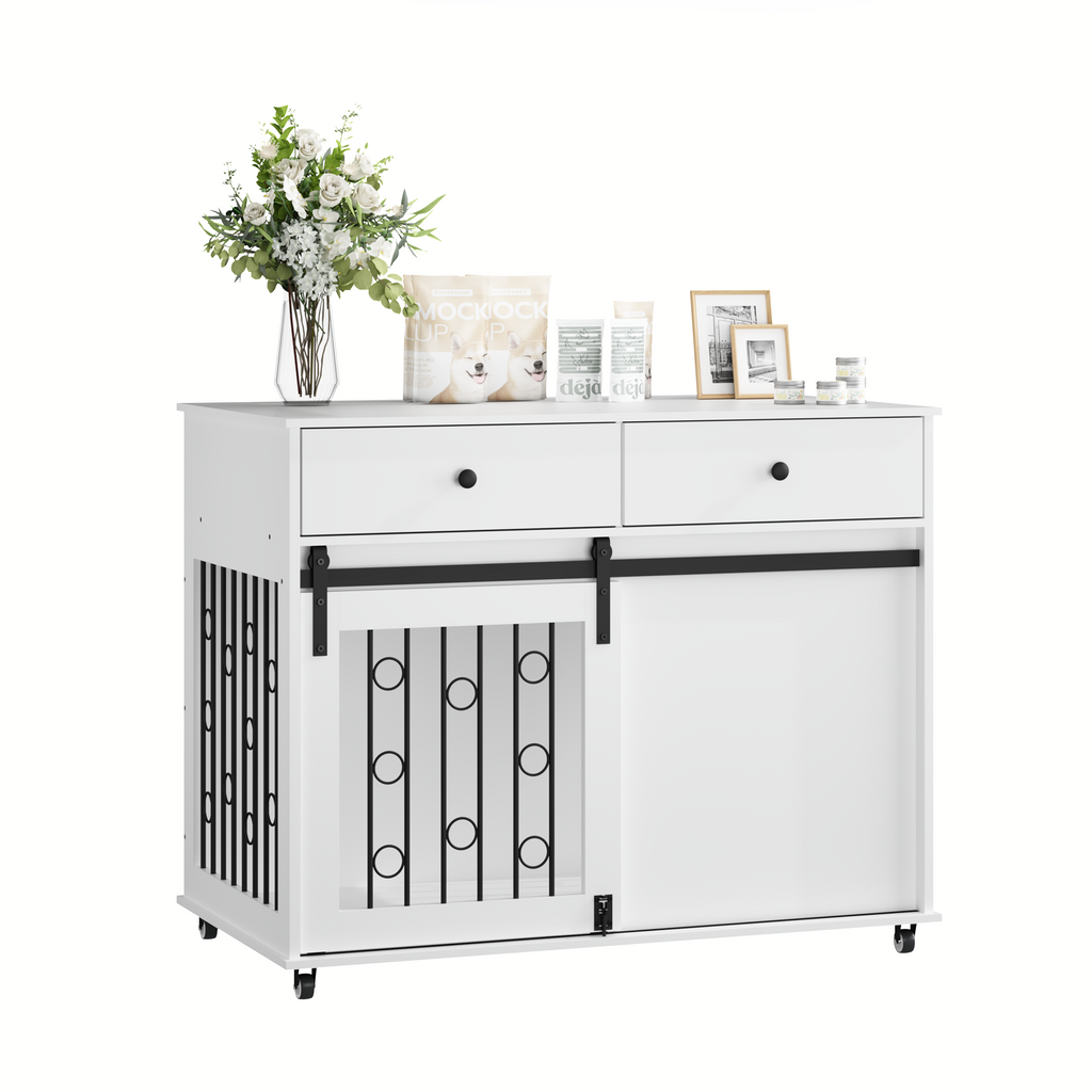 White sideboard with decorative items on a white background