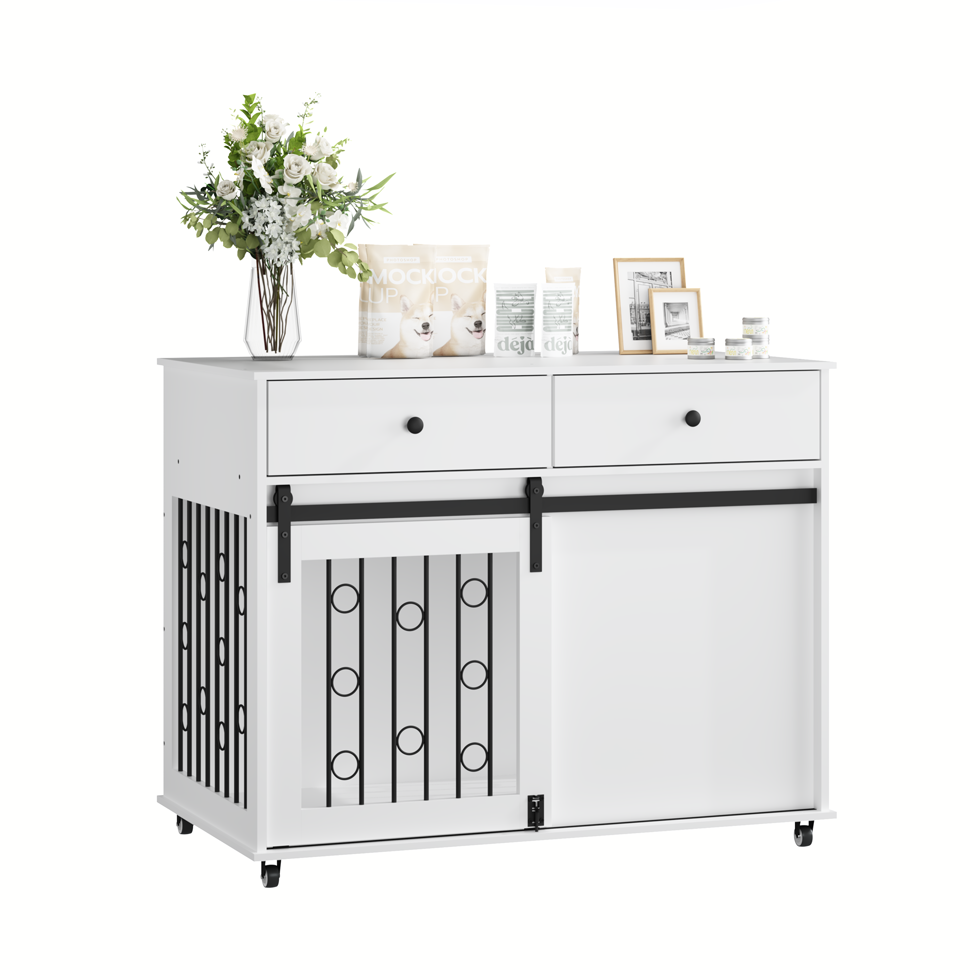 White sideboard with decorative items on a white background