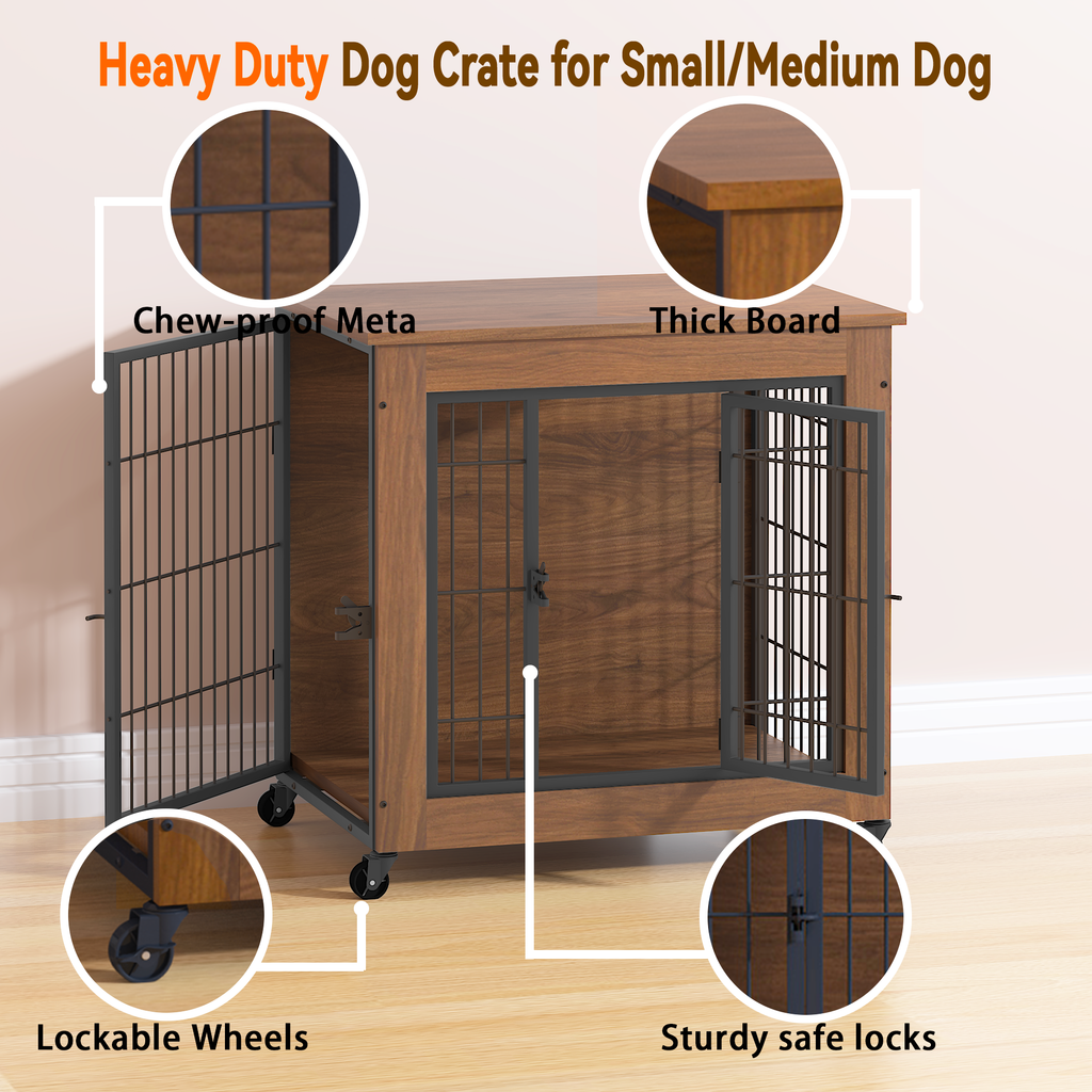 Heavy-duty dog crate with wooden exterior and metal grid design, featuring lockable wheels and sturdy safe locks.