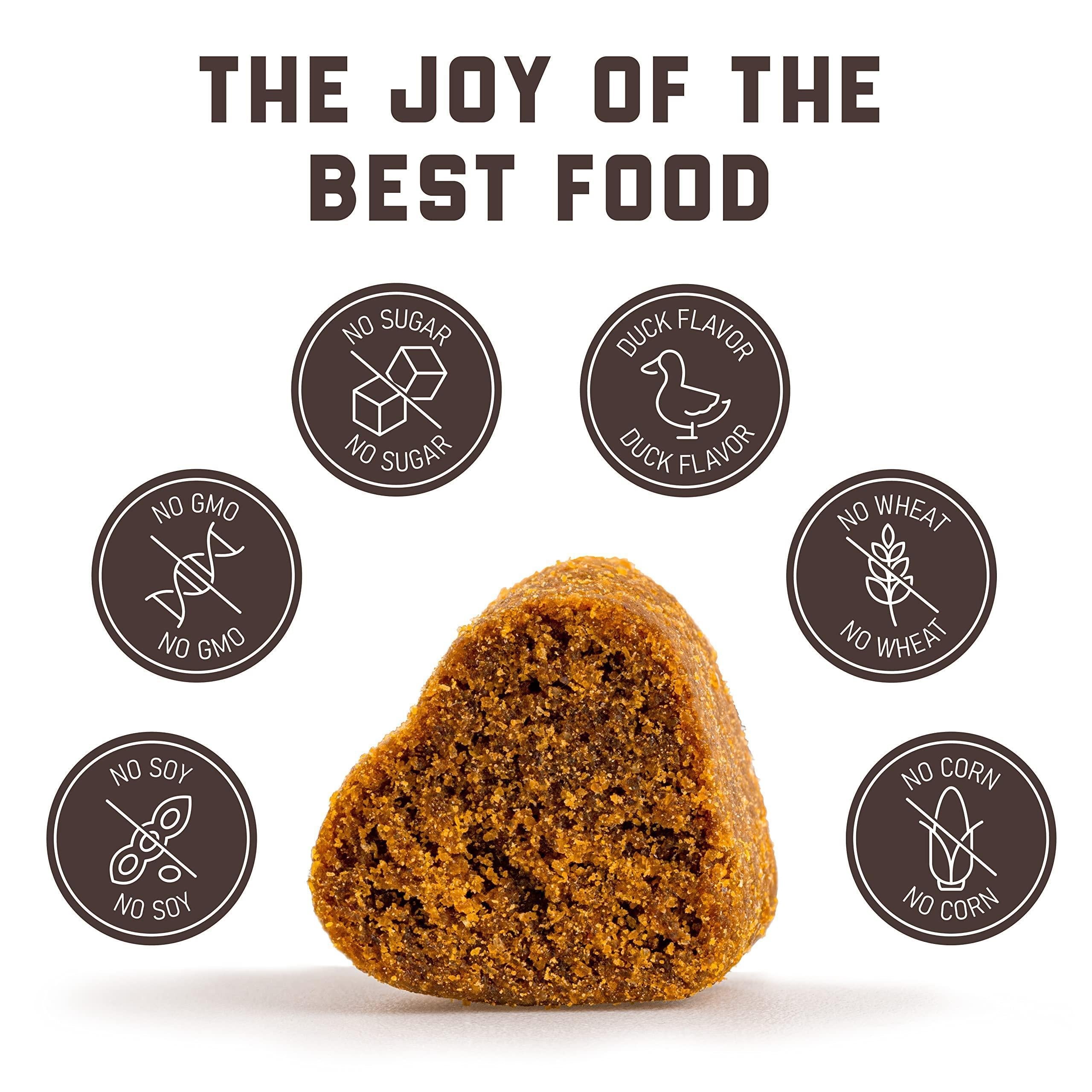 Dog treat with 'The Joy of the Best Food' text and ingredient certification icons on a white background