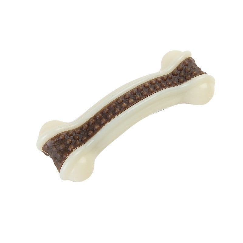 Dog chew toy shaped like a bone with brown textured surface on a white background