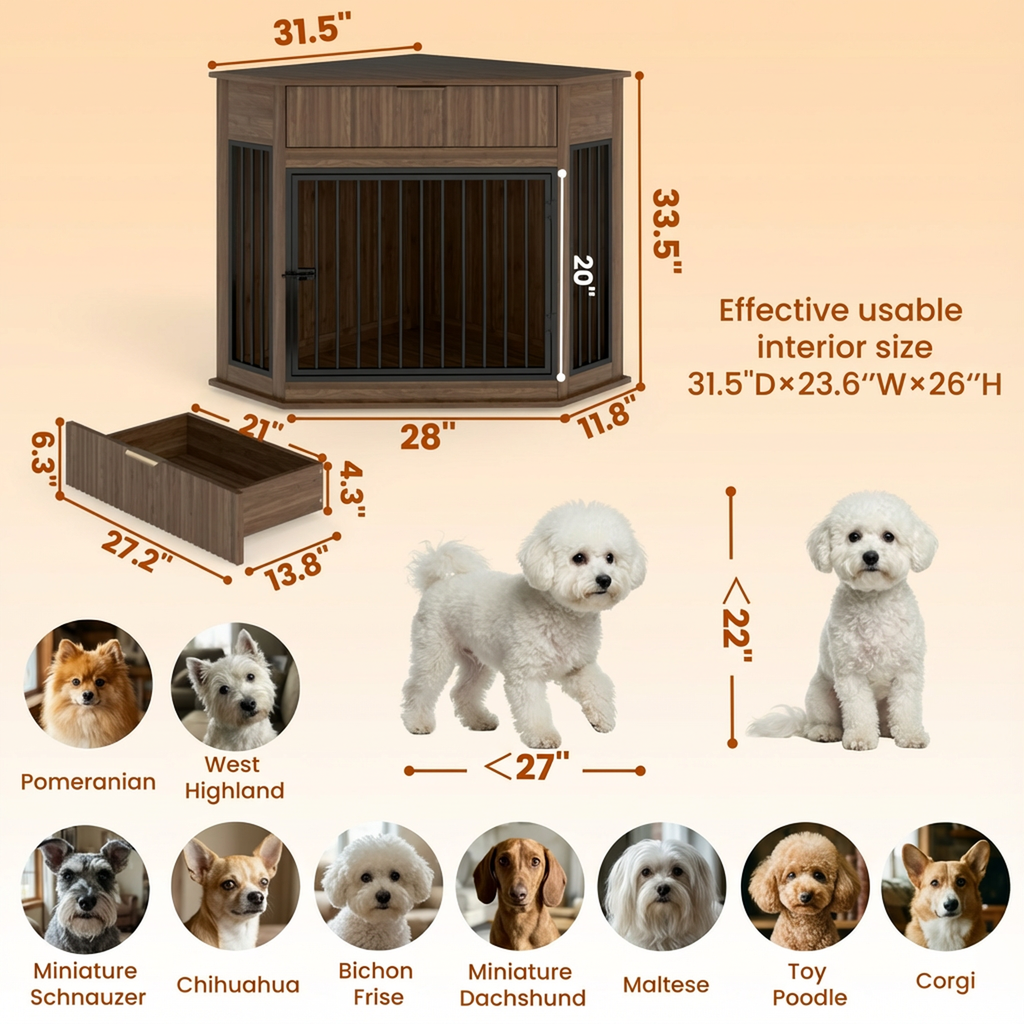 Corner Dog Crate Furniture with Fluted Drawer 