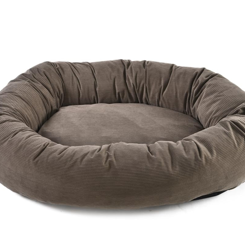 Brown donut-shaped pet bed on a white background
