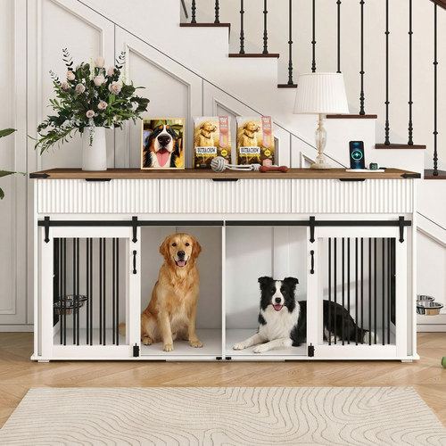 71" Double Dog Crate Furniture with Fluted Drawers, Feeders & Power Station