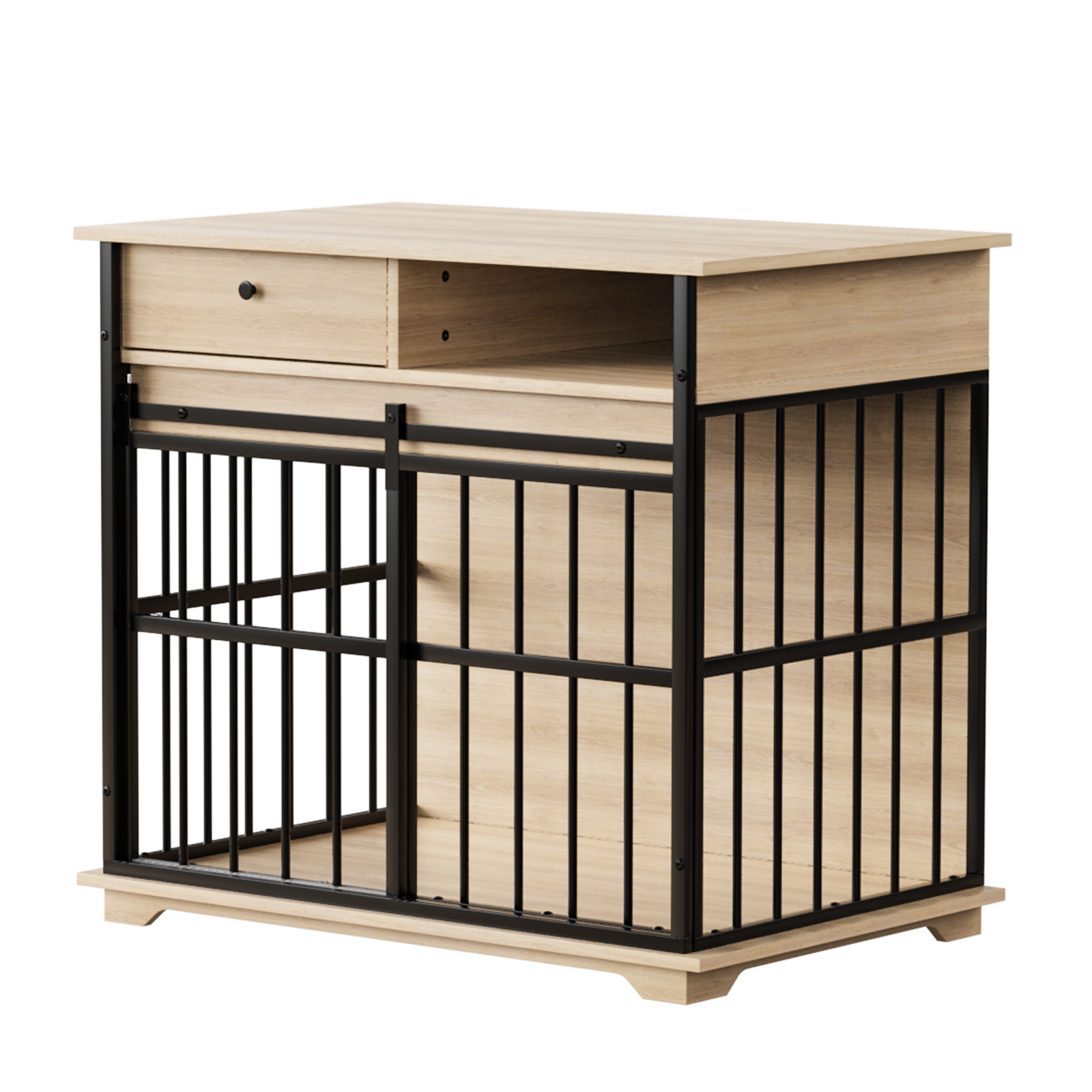 Wooden pet crate with metal bars and a drawer on a white background