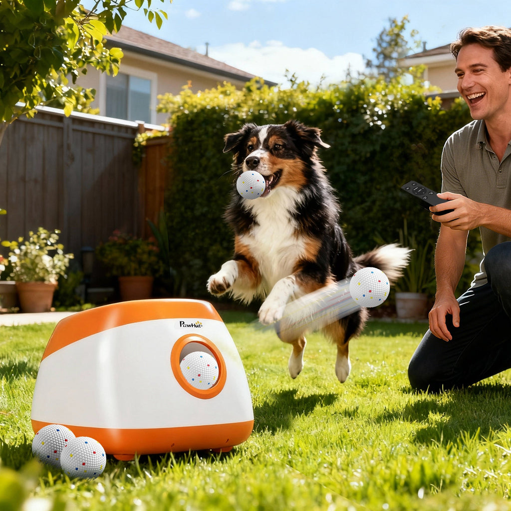 Dog playing with a remote-controlled ball machine in a backyard