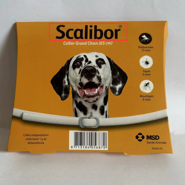 Scalibor dog collar packaging with a Dalmatian on an orange background