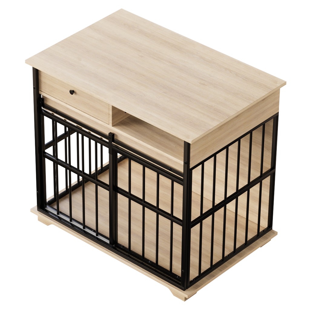 Wooden pet crate with a metal frame on a white background