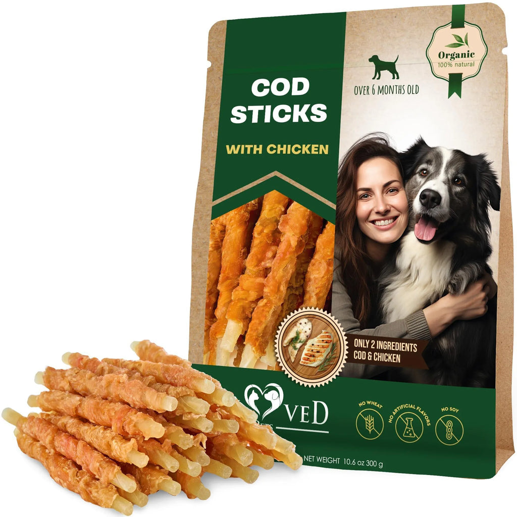 Package of 'Ved' Cod Sticks with Chicken for dogs, featuring a woman and dog on the label.