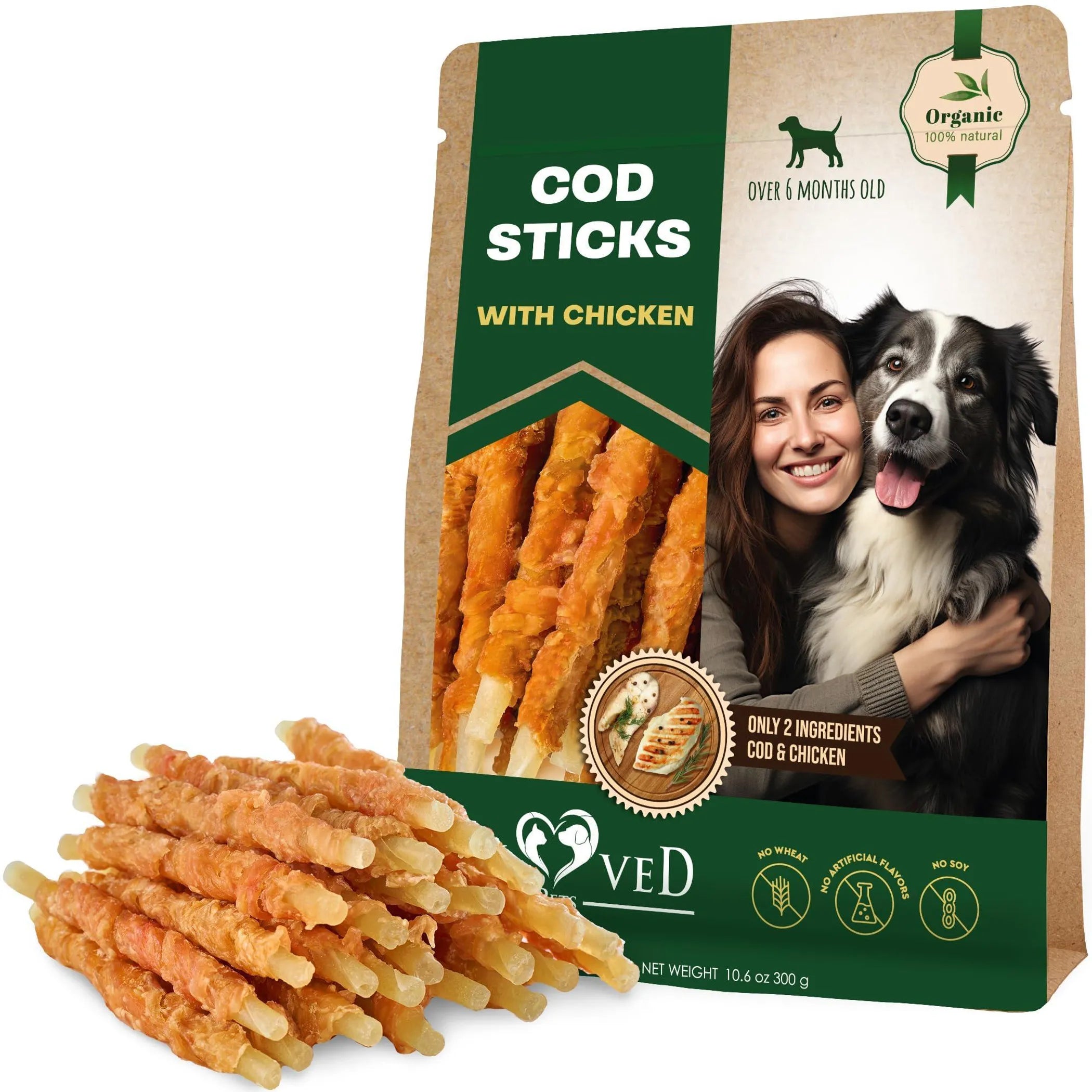 Package of 'Ved' Cod Sticks with Chicken for dogs, featuring a woman and dog on the label.