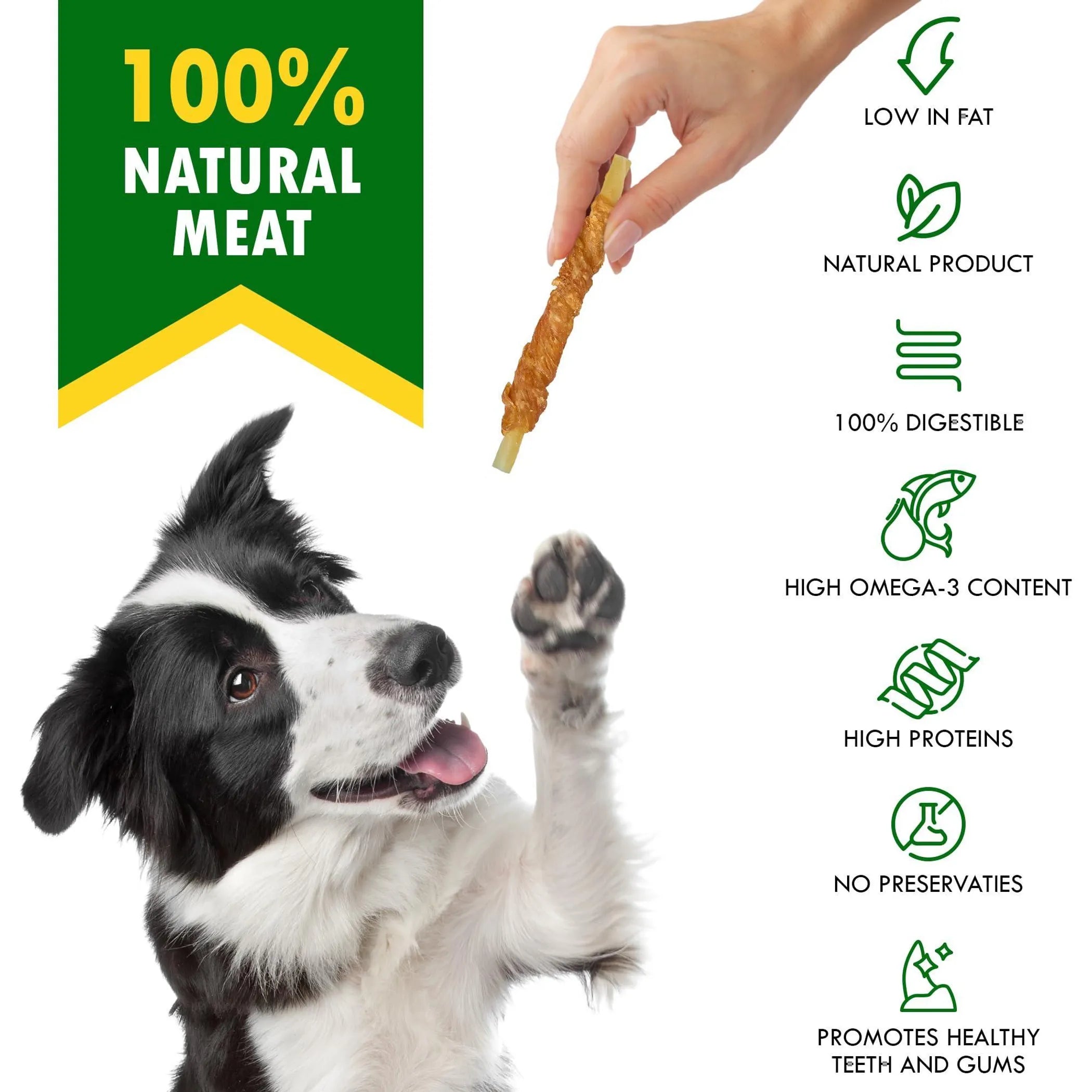 Dog holding a treat with a hand, featuring text about natural meat product benefits on a white background.