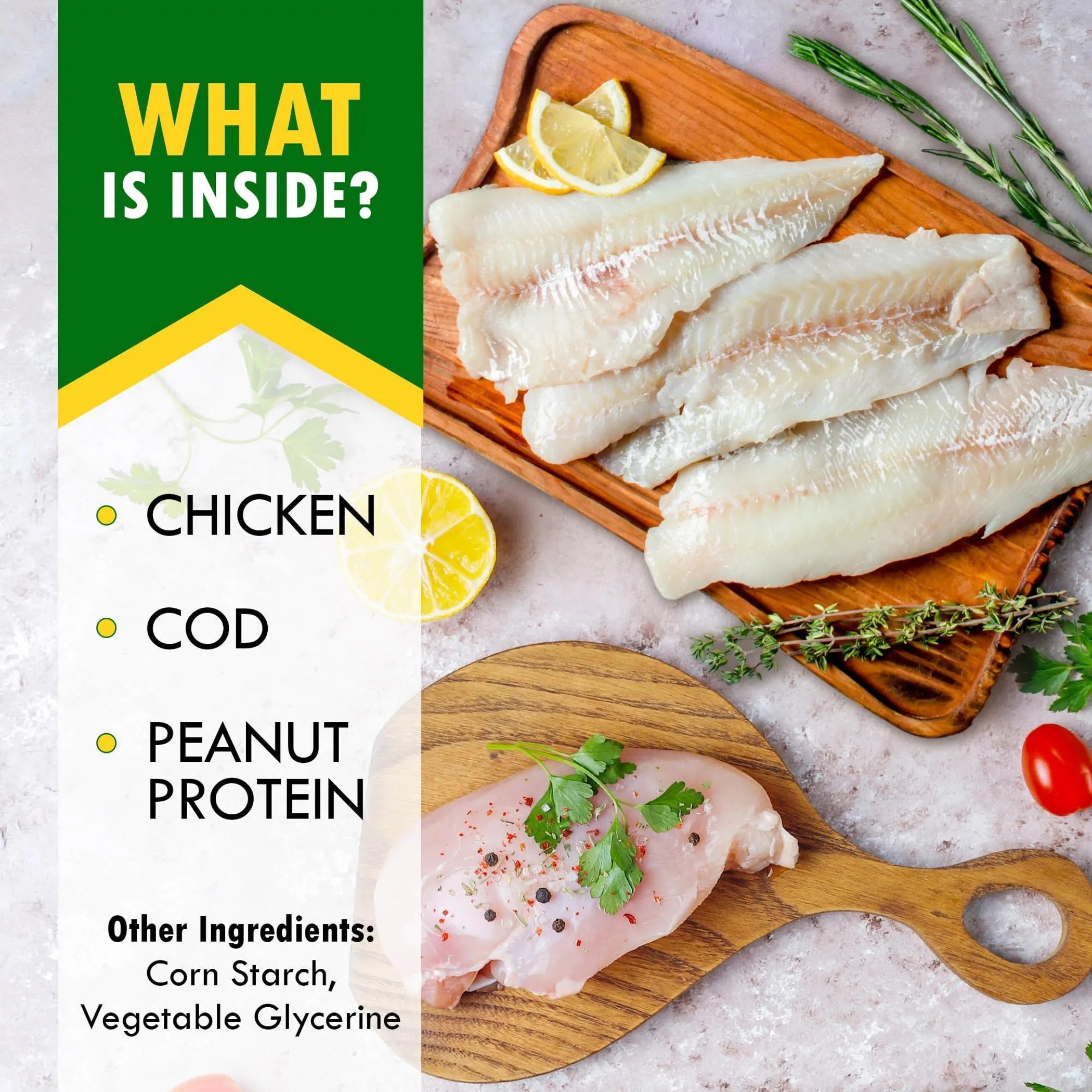 Raw fish fillets on wooden boards with text about ingredients.