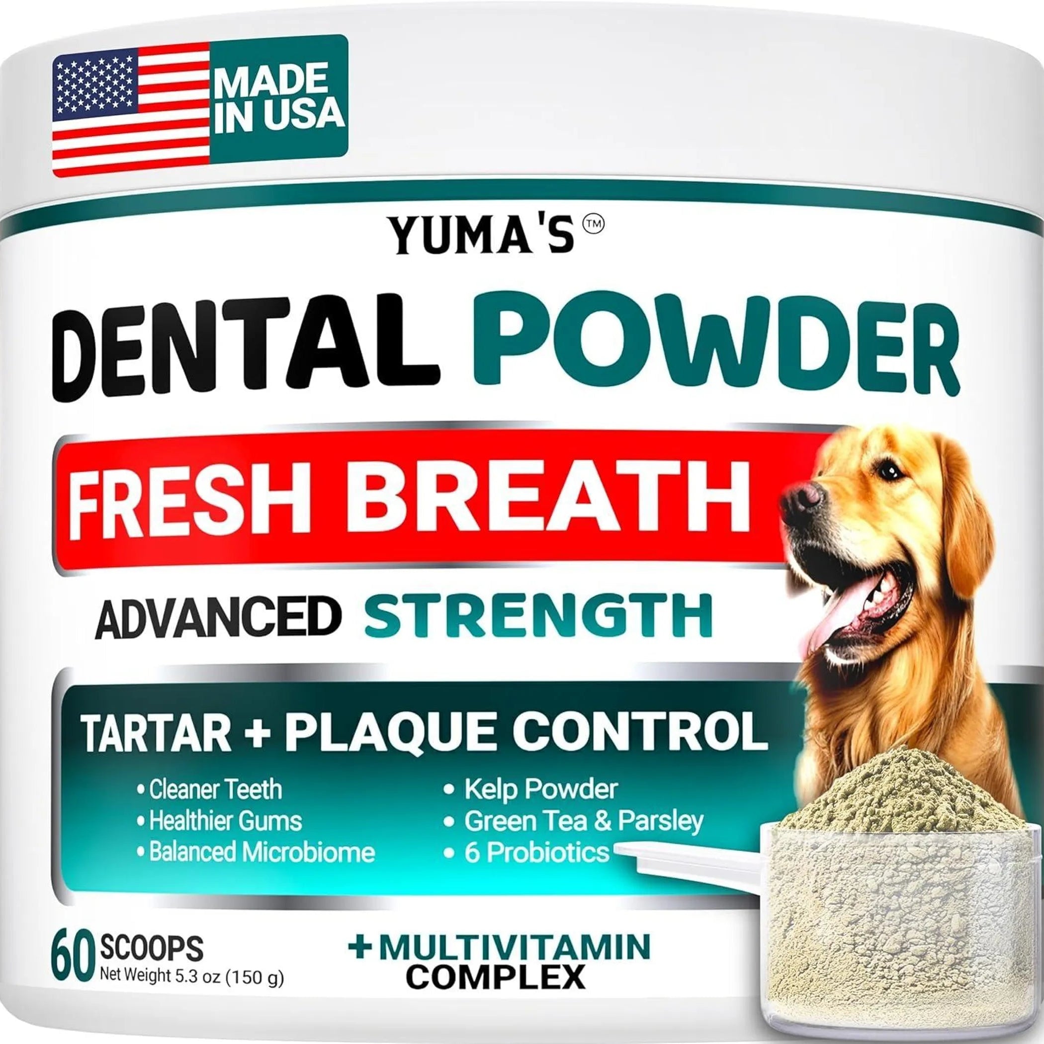 Yuma's Dental Powder packaging for dogs with a dog on the label and text about dental benefits.