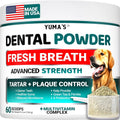 Yuma's Dental Powder packaging for dogs with a dog on the label and text about dental benefits.