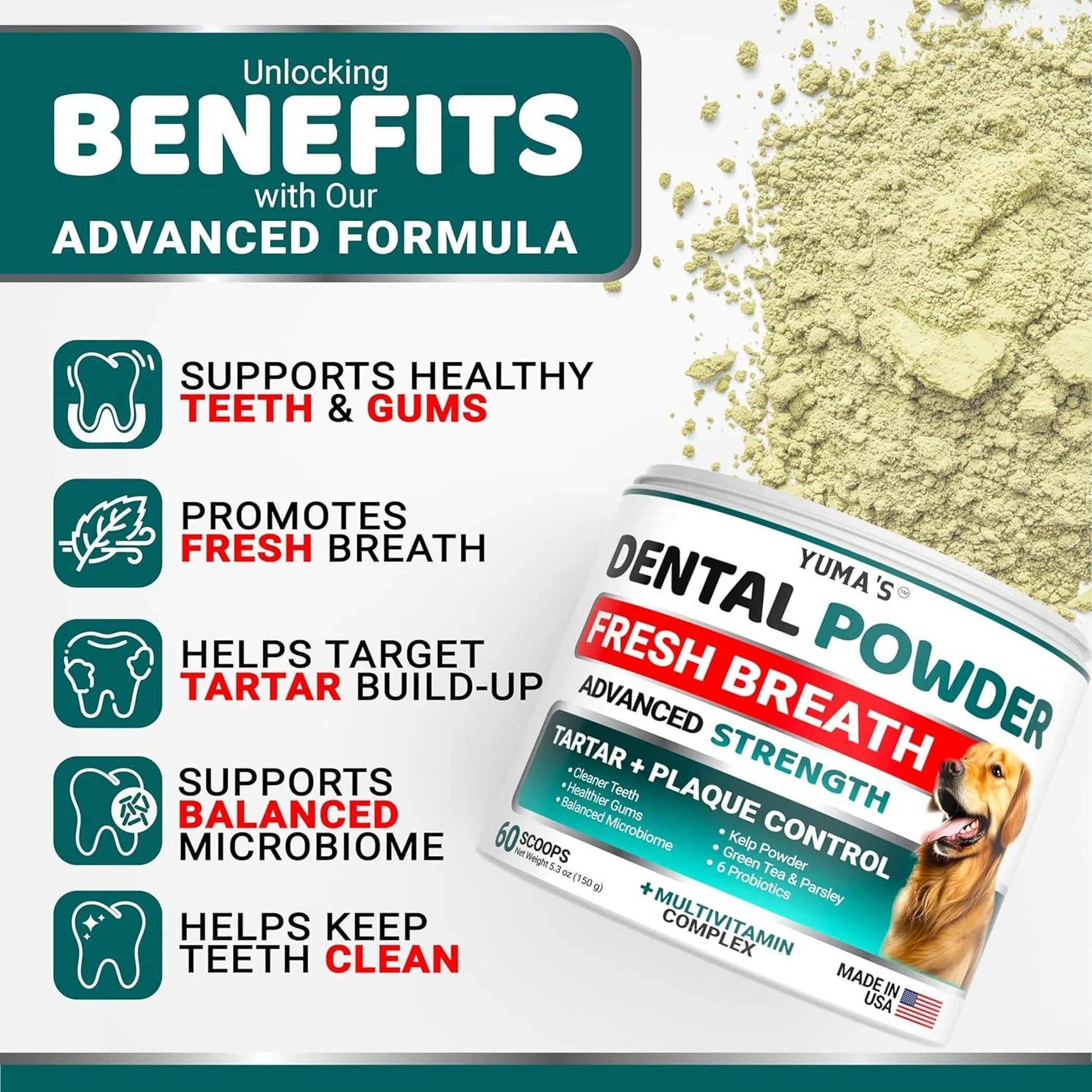 Yuma's Dental Powder for dogs with product packaging and benefits listed.