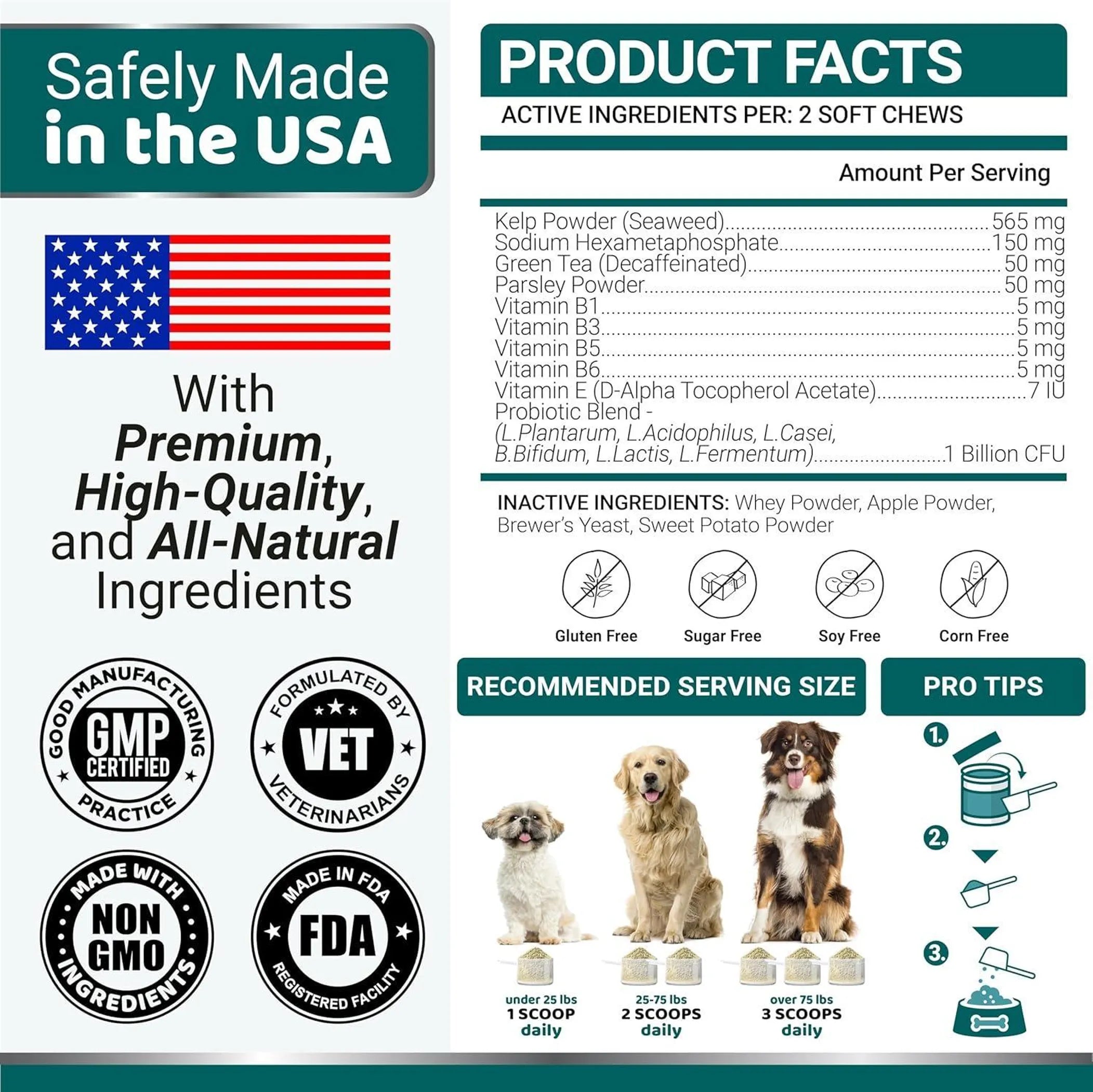 Product label for dog chews with safety, quality, and usage information.