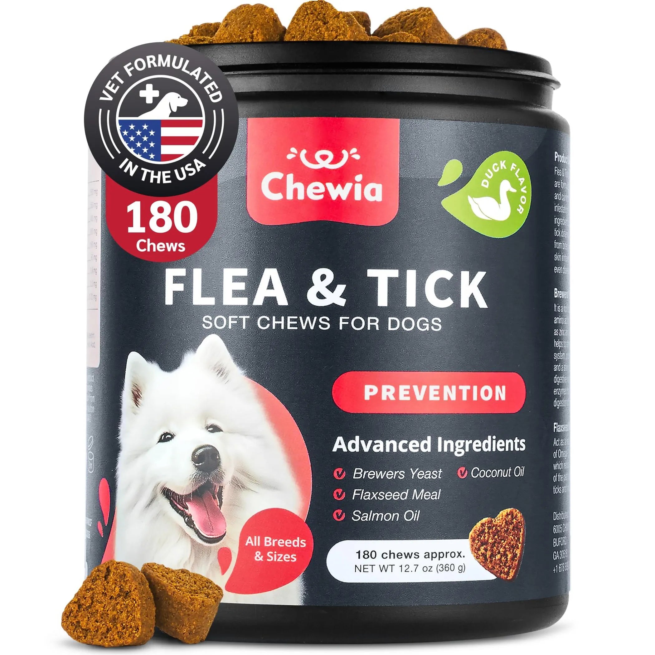 Chewia flea and tick soft chews for dogs packaging with a white dog illustration on a white background.