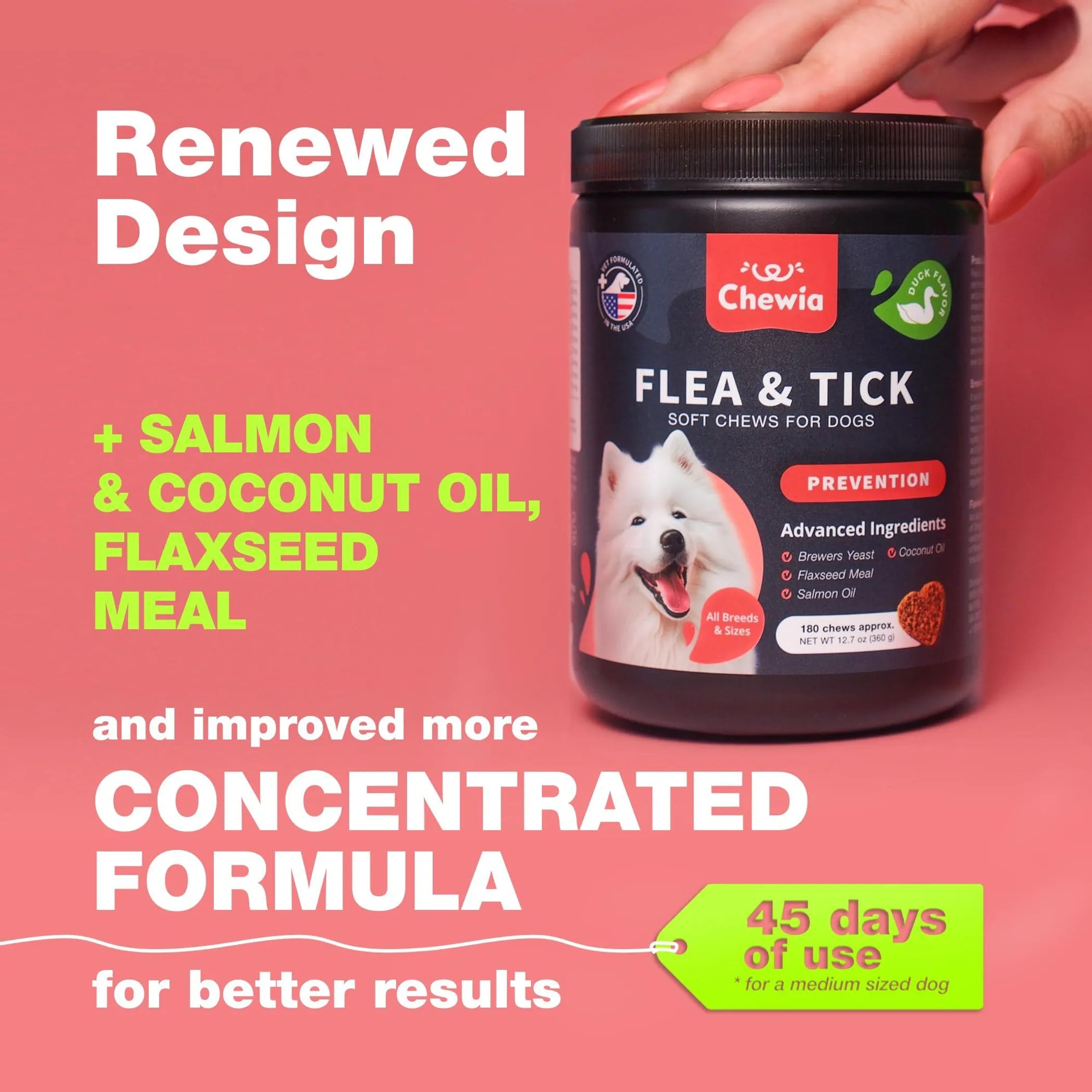 Chewia flea and tick chews for dogs with text on a pink background