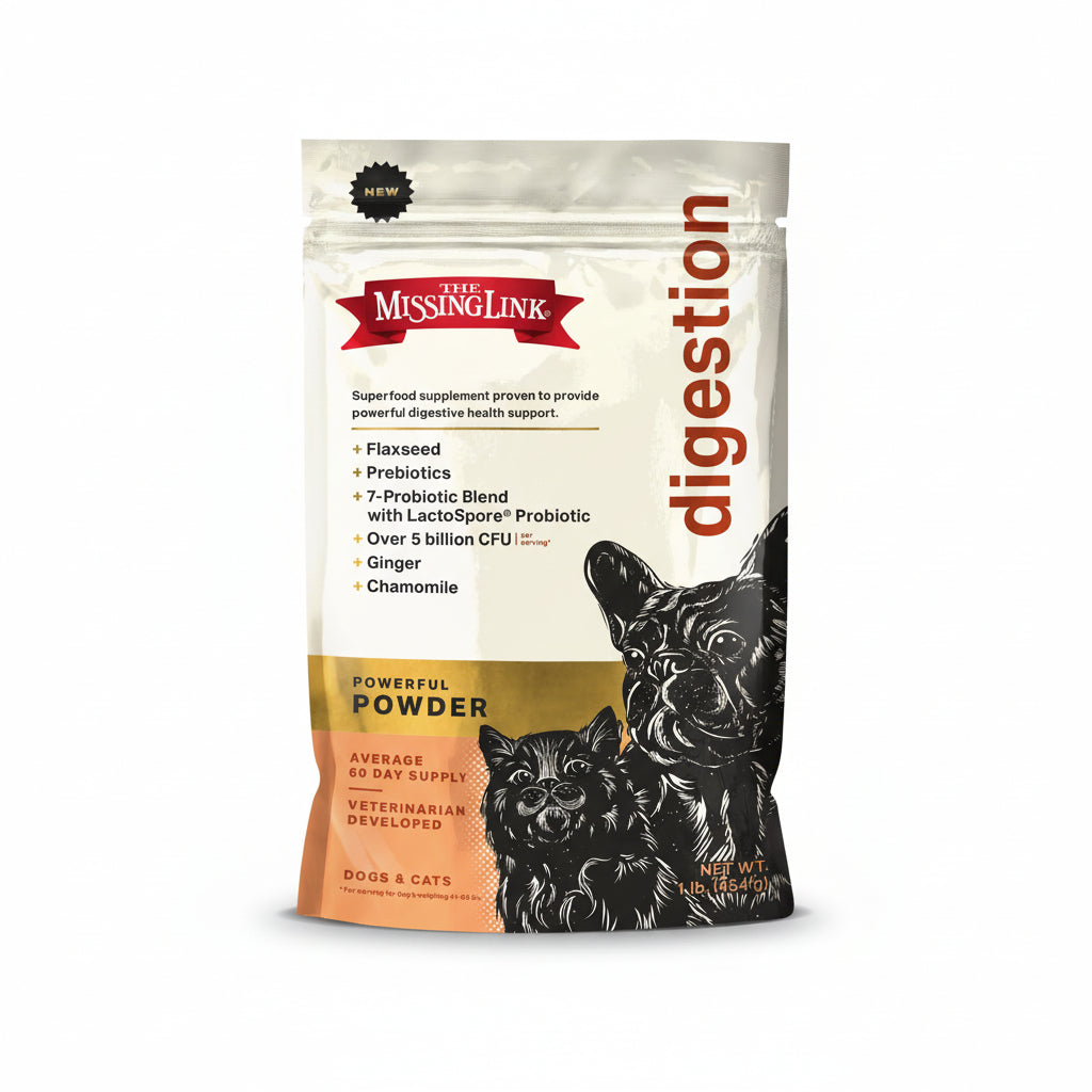 Supplement package for dogs and cats with 'The Missing Link' branding on a white background