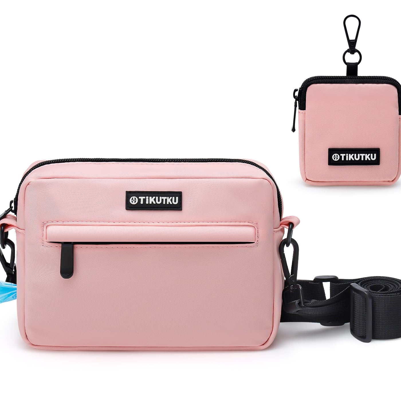 Pink crossbody bag with matching pouch on a white background, featuring TIKUTUK brand.