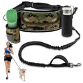 Camouflage waist bag with water bottle, phone case, and dog leash on a white background
