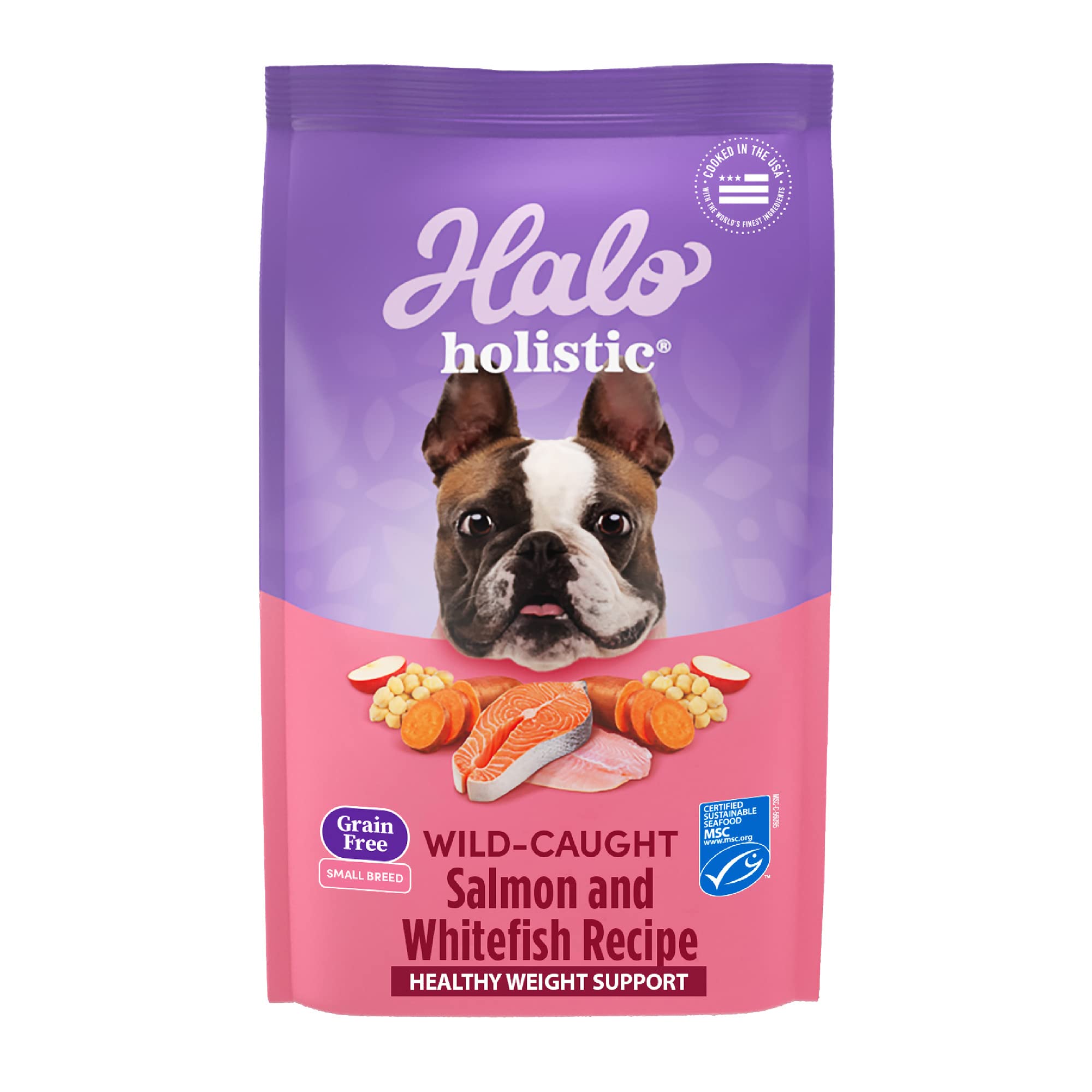 Halo holistic dog food package with a purple and pink design featuring a dog's face and ingredients.