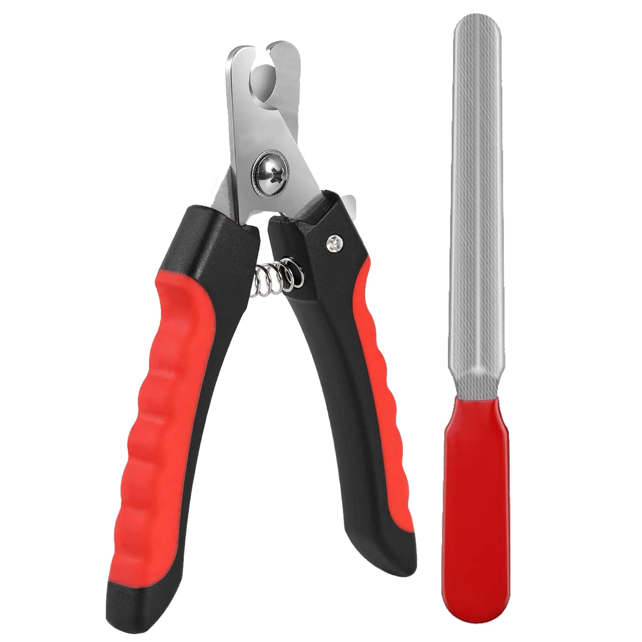 iMountek Professional Dog Nail Clippers with red ergonomic handles and stainless steel nail file, pet grooming tool set