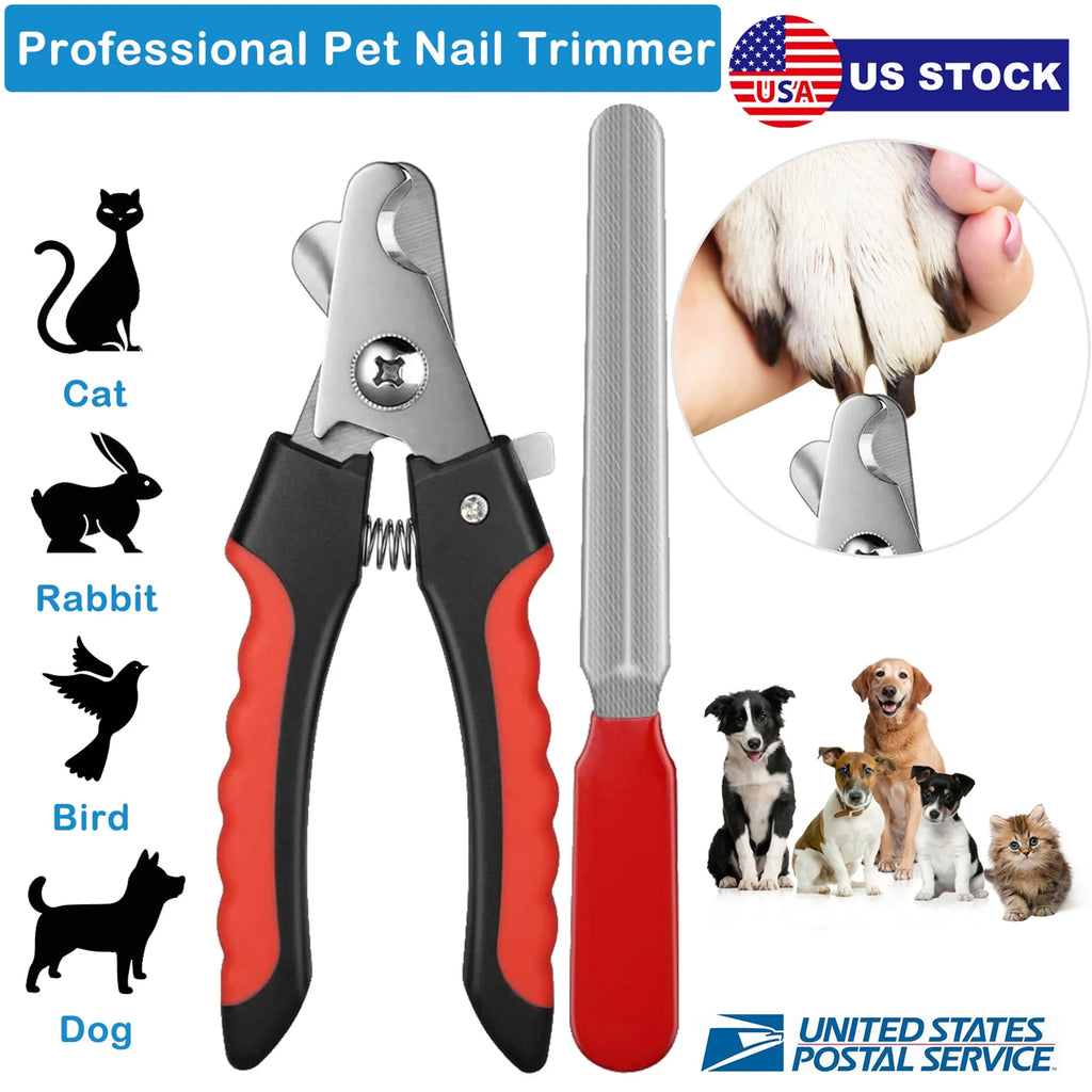 iMountek Professional Dog Nail Clippers with red ergonomic handles and stainless steel nail file, pet grooming tool set