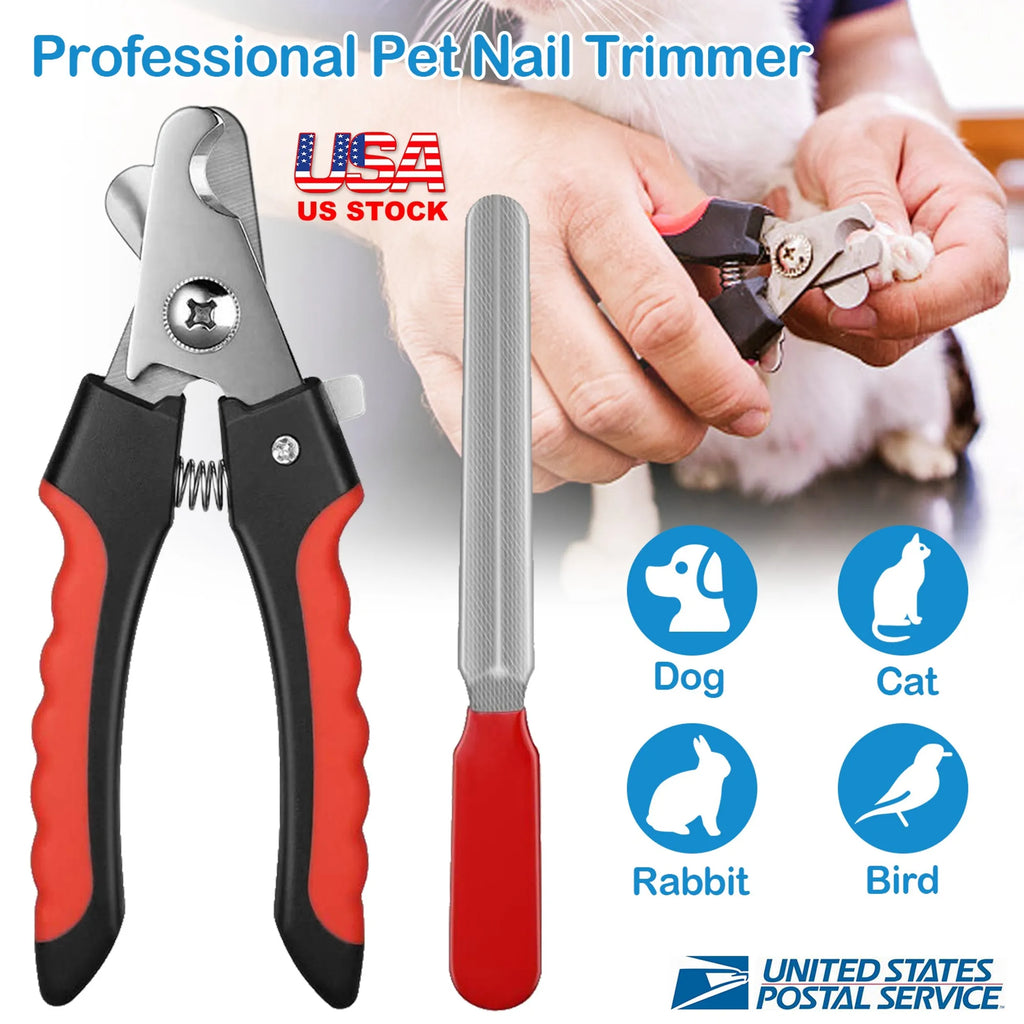 iMountek Professional Dog Nail Clippers with red ergonomic handles and stainless steel nail file, pet grooming tool set