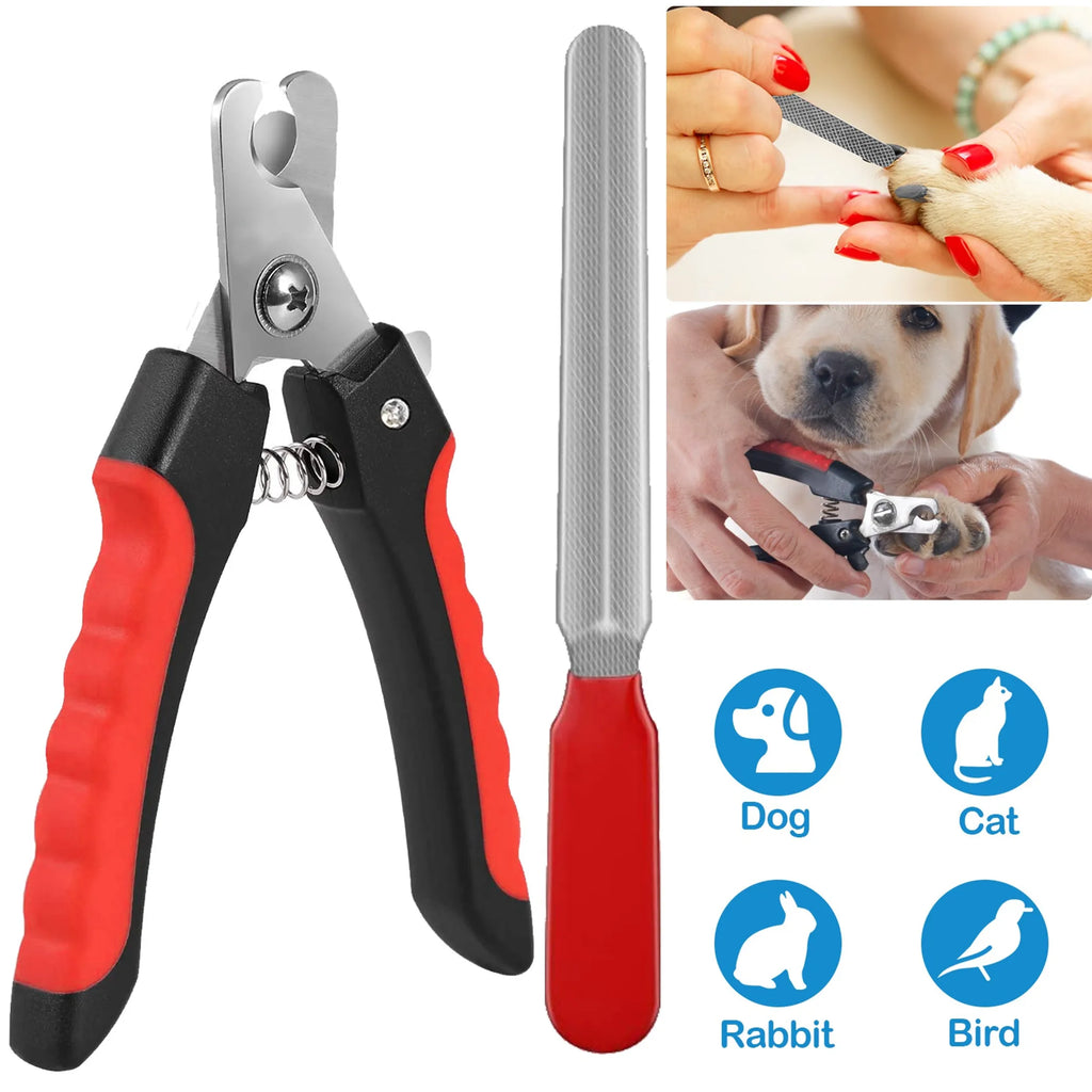iMountek Professional Dog Nail Clippers with red ergonomic handles and stainless steel nail file, pet grooming tool set