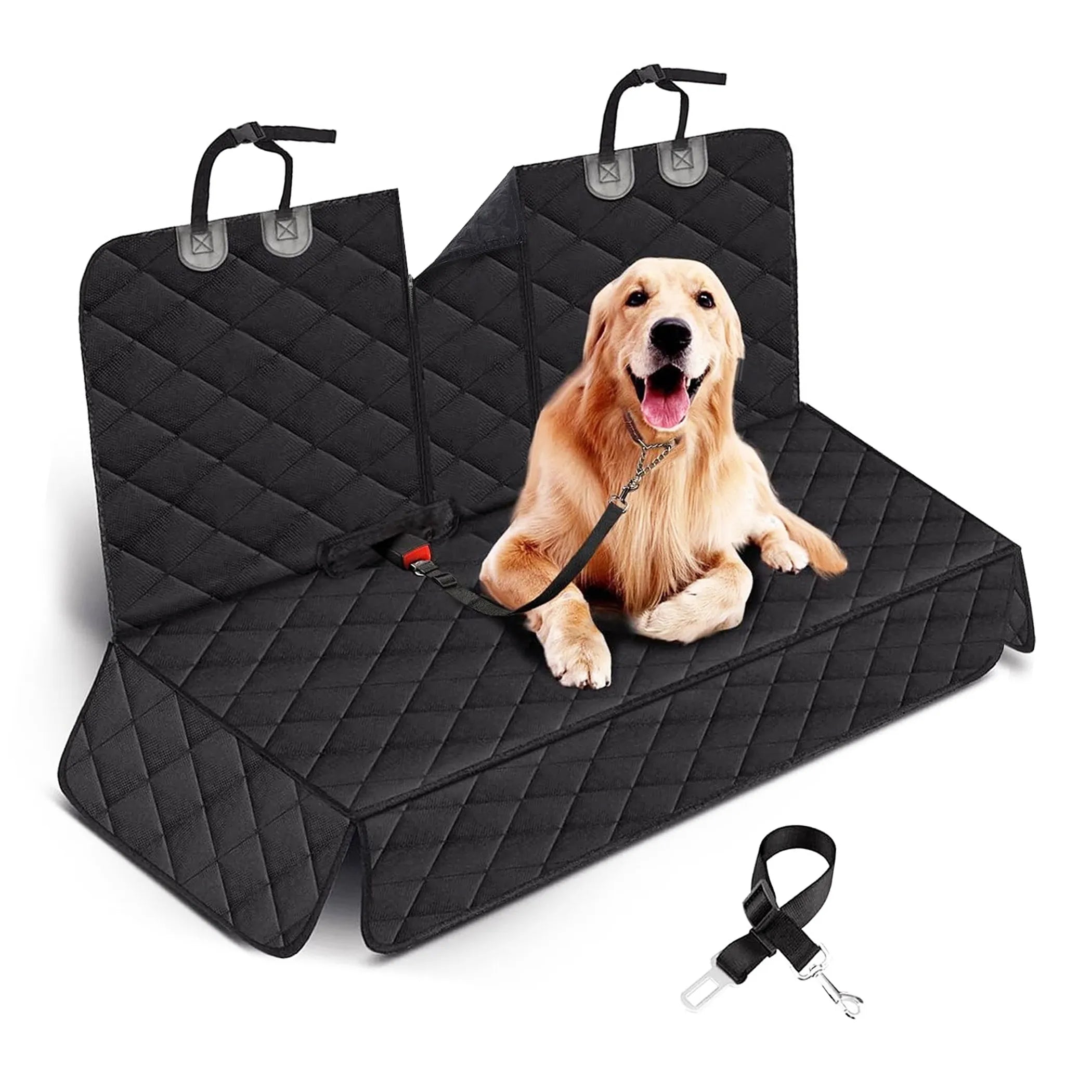 Black quilted car seat cover with a dog sitting on it, on a white background