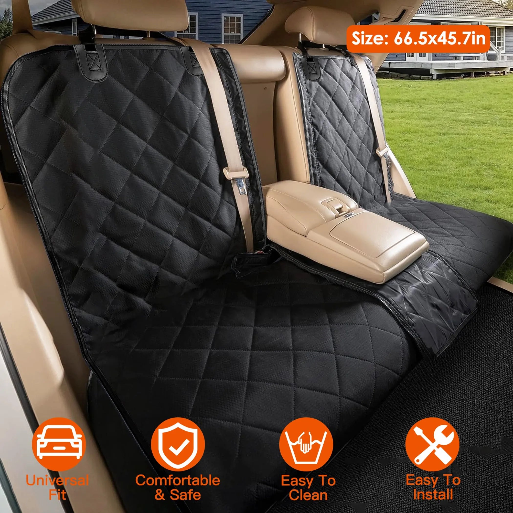 Car seat cover on a vehicle's back seat with features highlighted.