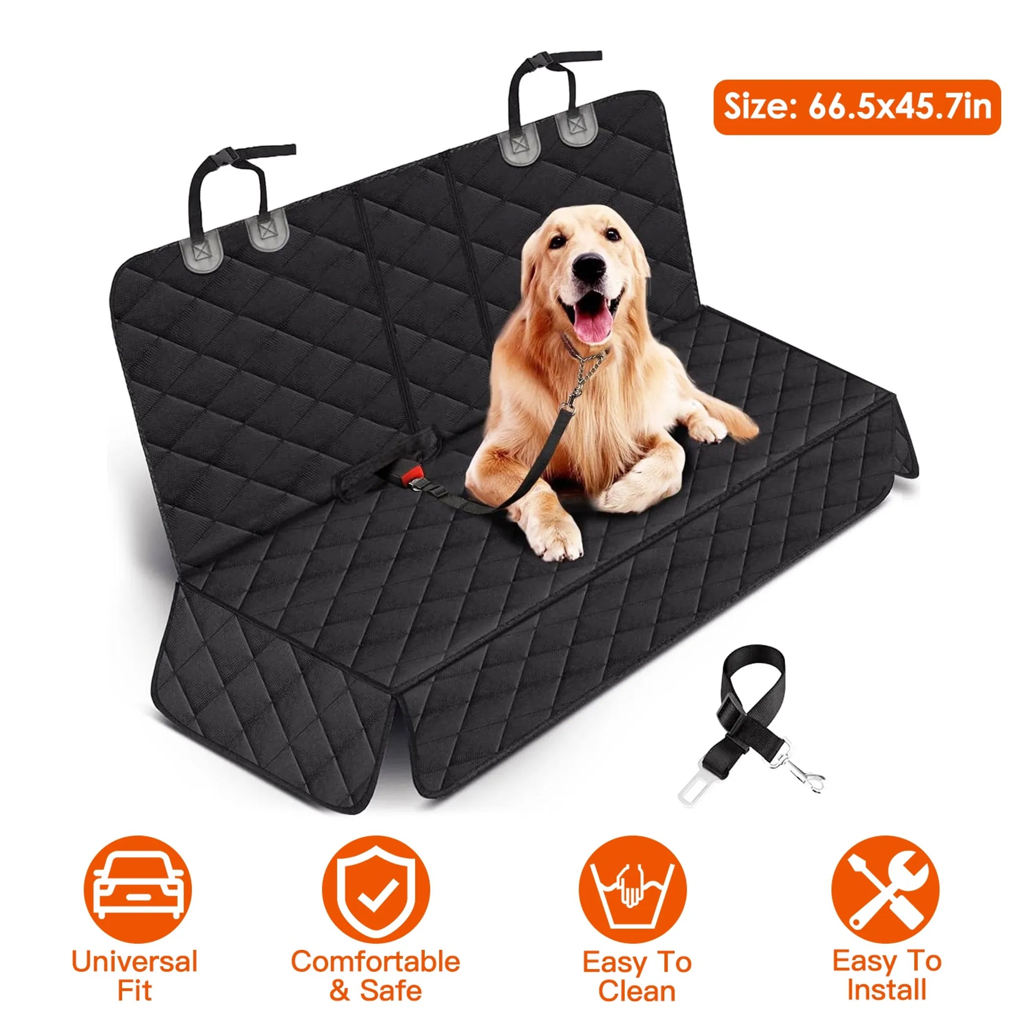 Black car seat cover with a dog sitting on it, featuring size information and product features.