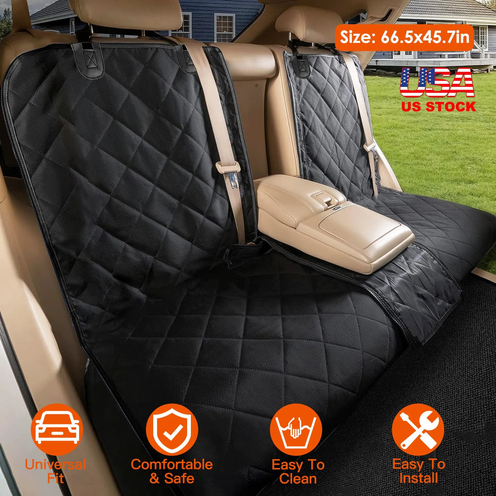 Car seat cover with quilted design on a car seat, showing features and size information.