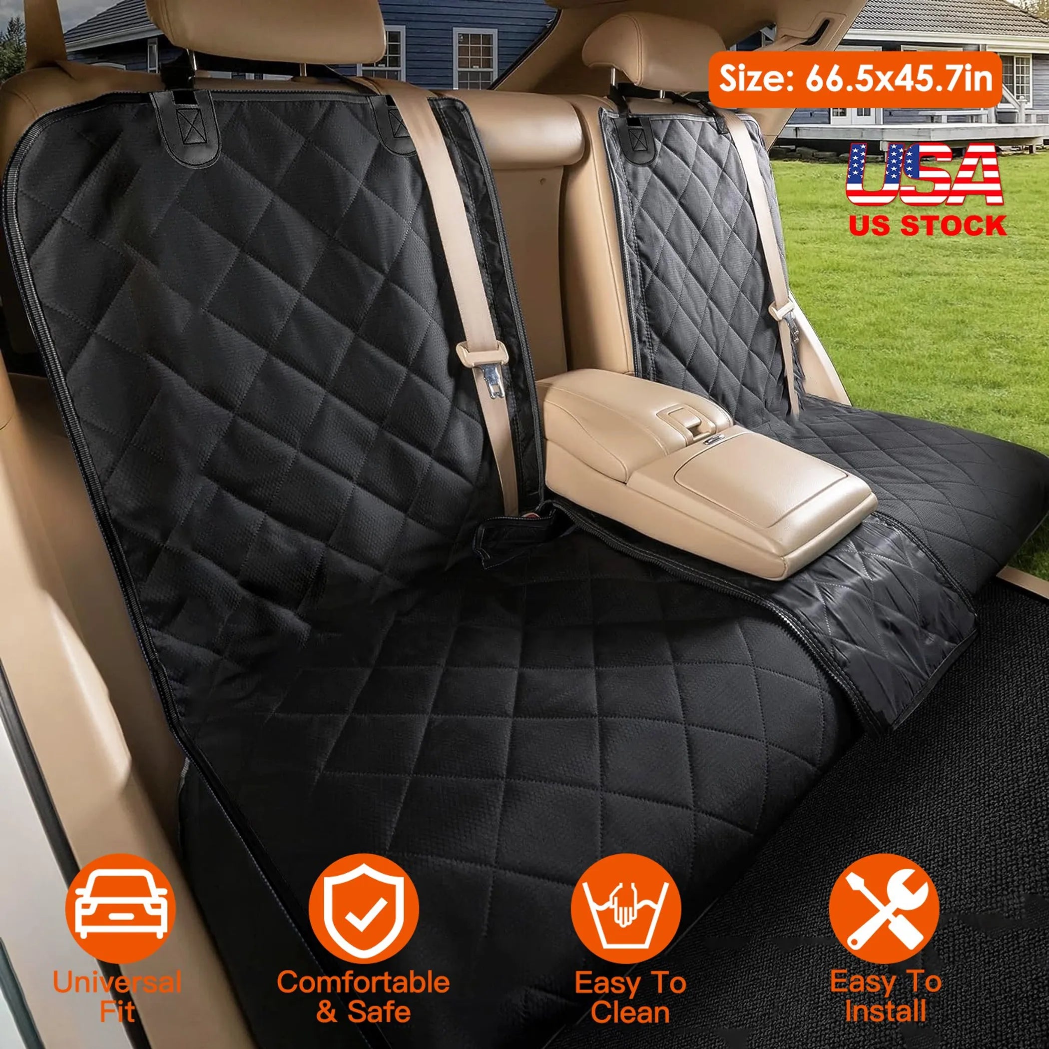 Car seat cover with quilted design on a car seat, showing features and size information.