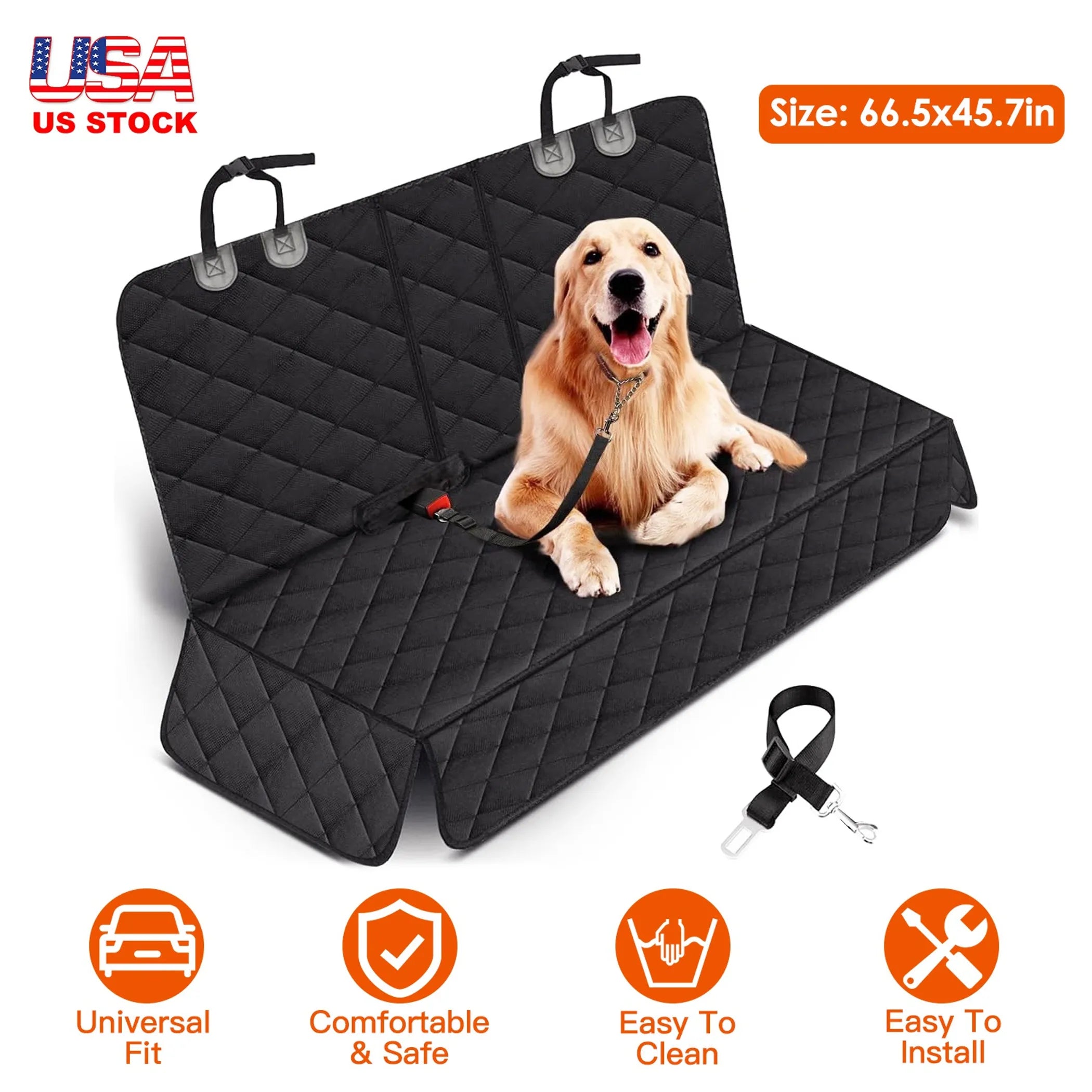 Black car seat cover with a dog sitting on it, featuring text and icons about product features.