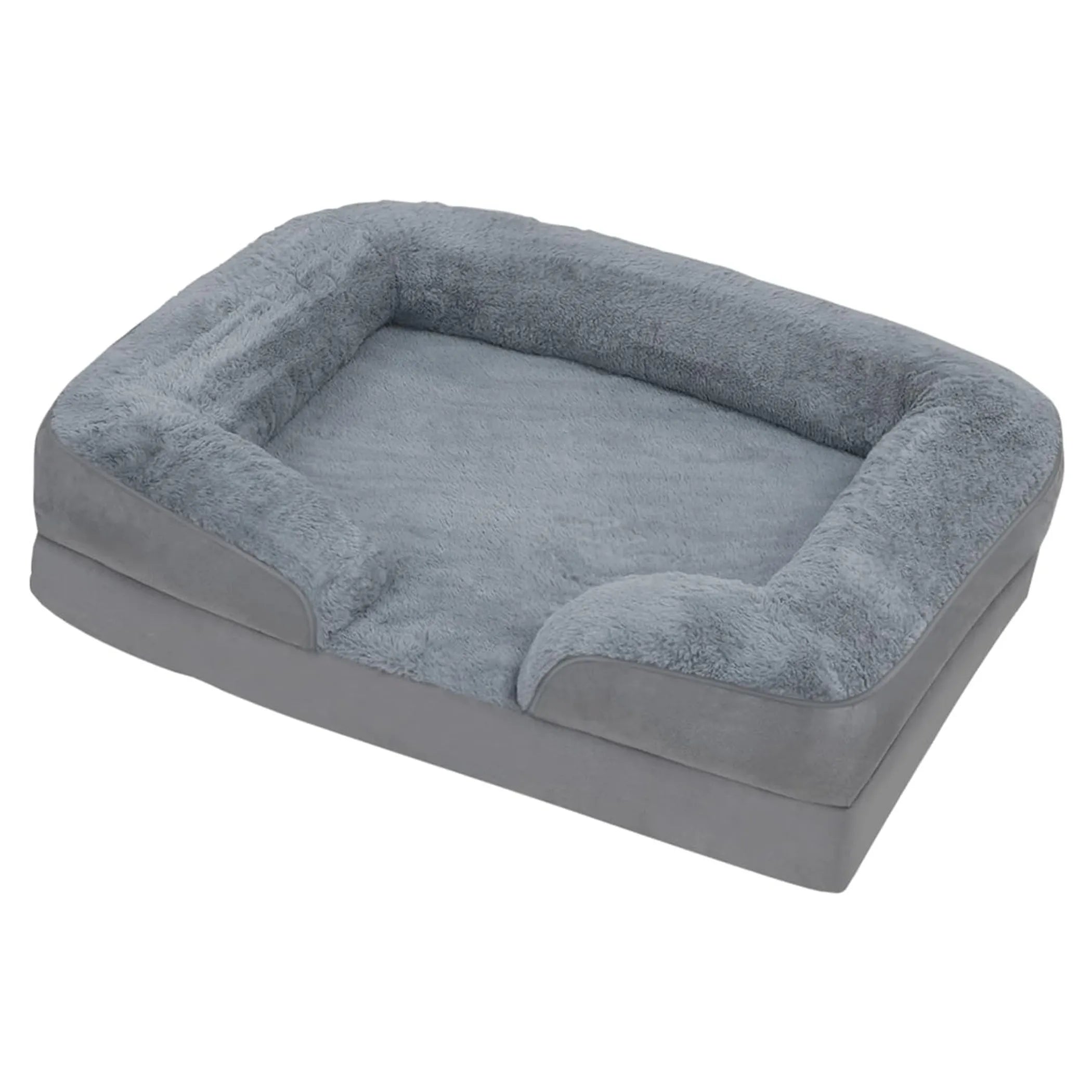 
Grey plush orthopedic dog bed with bolster sides, non-slip mat, removable cover, soft warm filling — USA stock