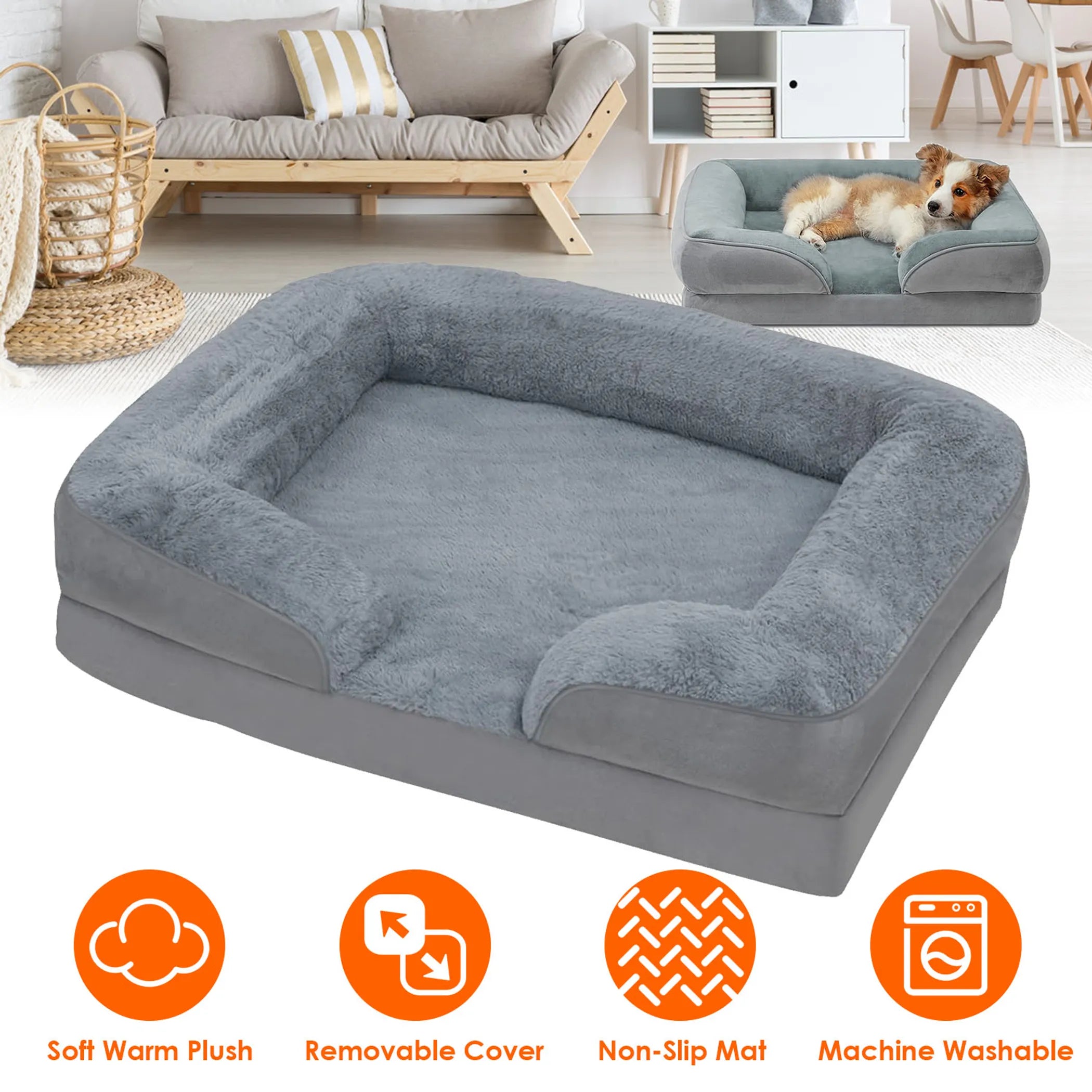
Grey plush orthopedic dog bed with bolster sides, non-slip mat, removable cover, soft warm filling — USA stock