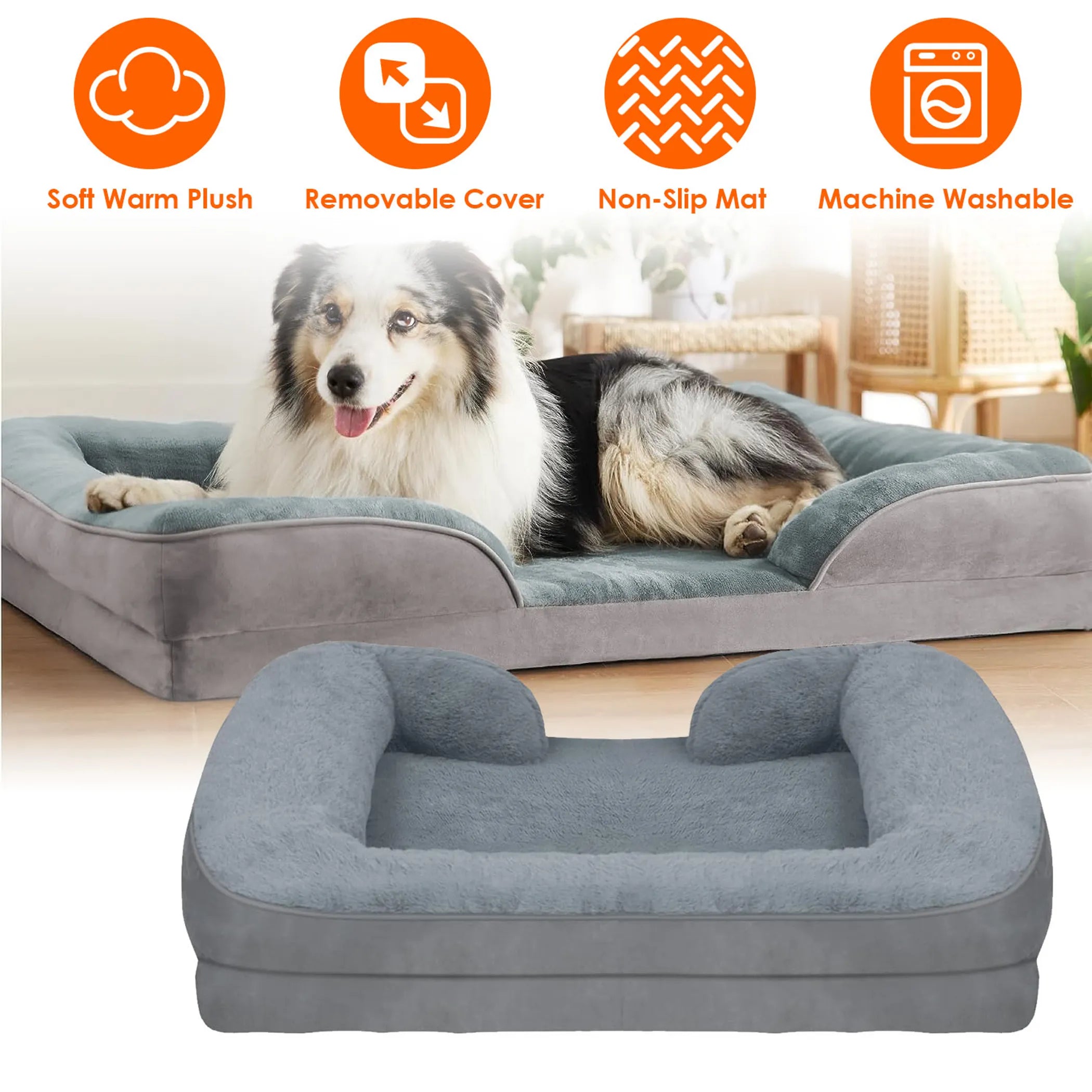 
Grey plush orthopedic dog bed with bolster sides, non-slip mat, removable cover, soft warm filling — USA stock