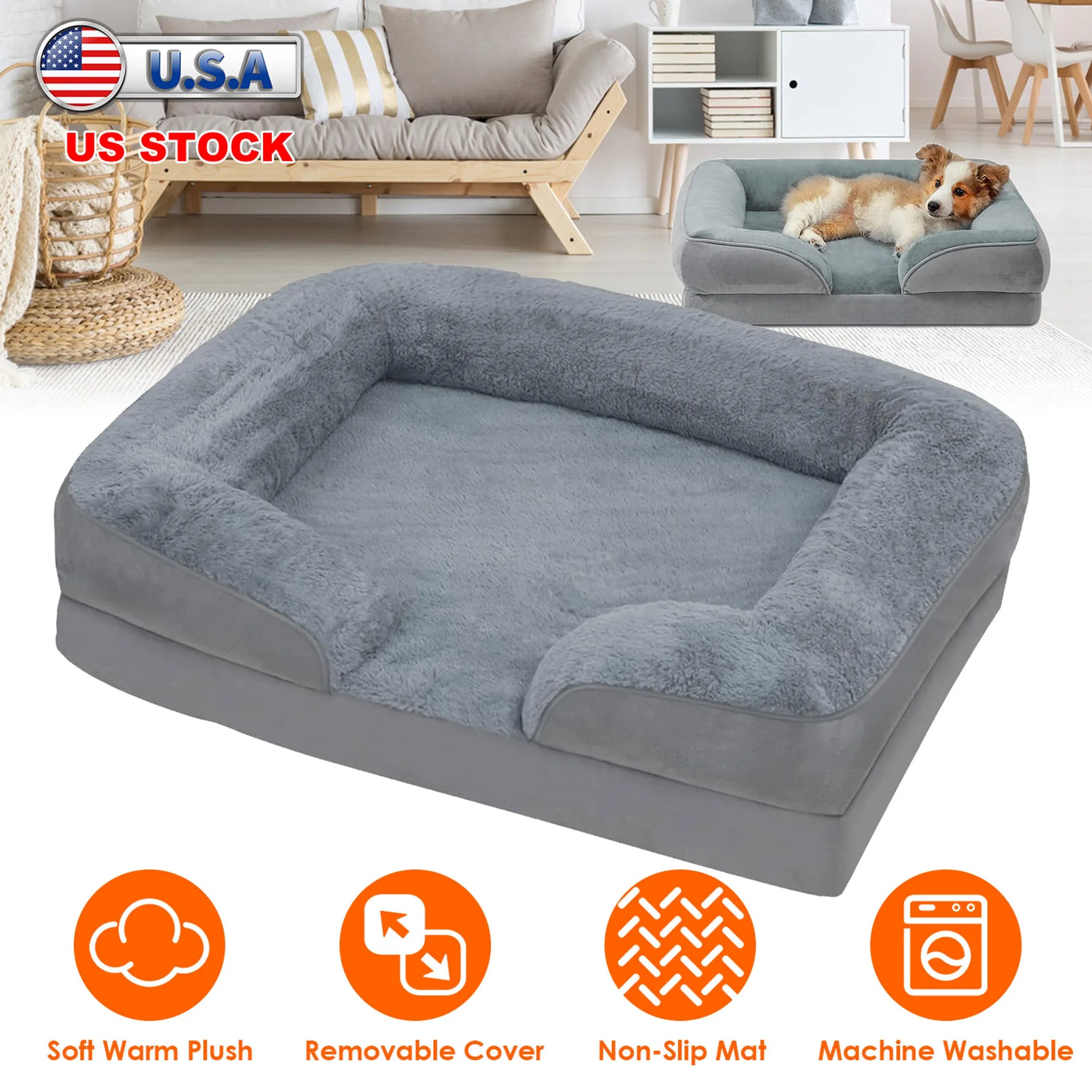 
Grey plush orthopedic dog bed with bolster sides, non-slip mat, removable cover, soft warm filling — USA stock