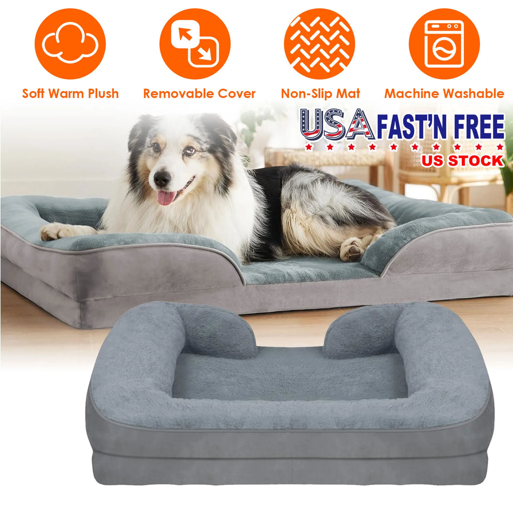 
Grey plush orthopedic dog bed with bolster sides, non-slip mat, removable cover, soft warm filling — USA stock